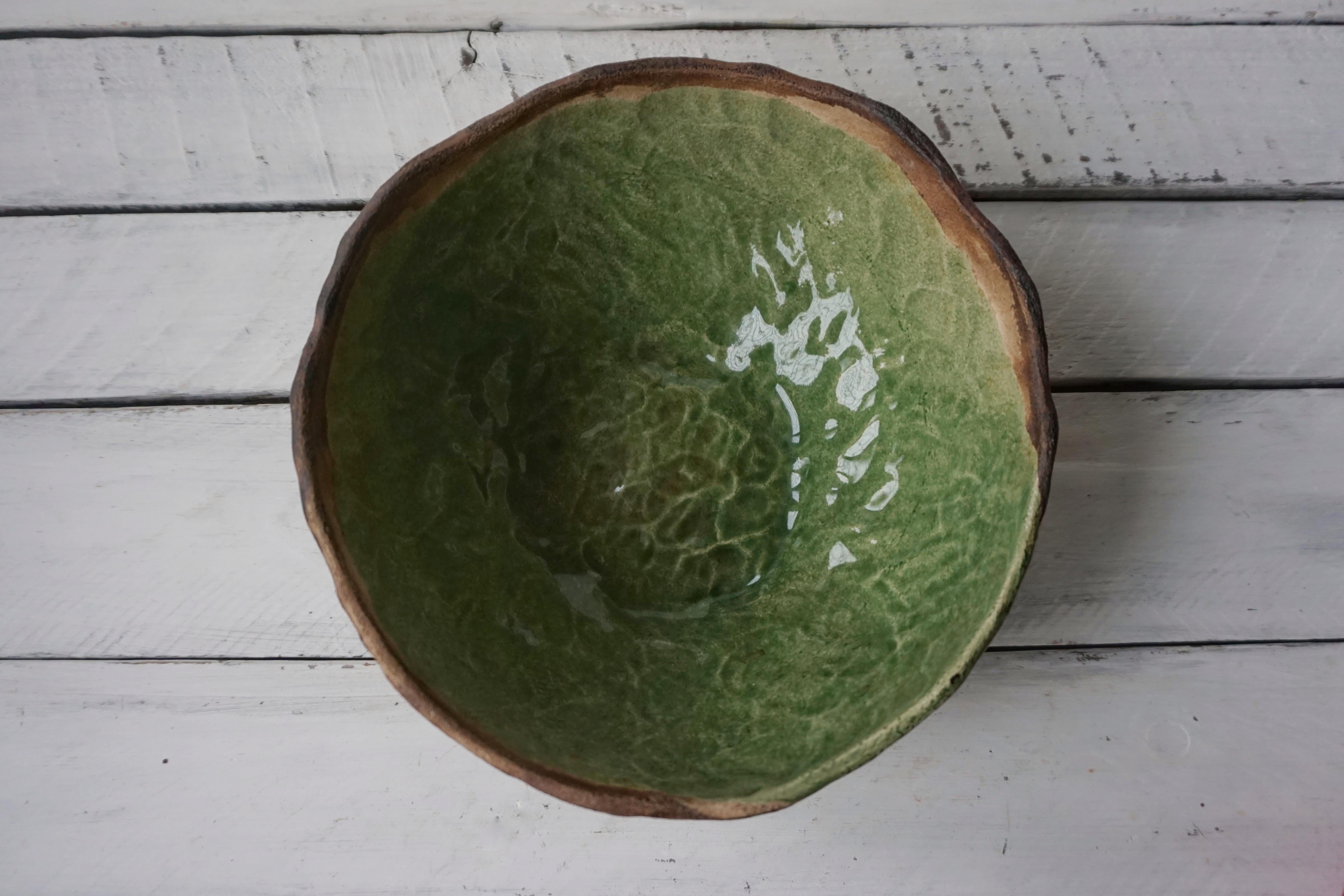 Green Bowl- Unique Rustic Handmade Chamotte Clay Ceramic Bowl  Green Glaze  For Sale 3