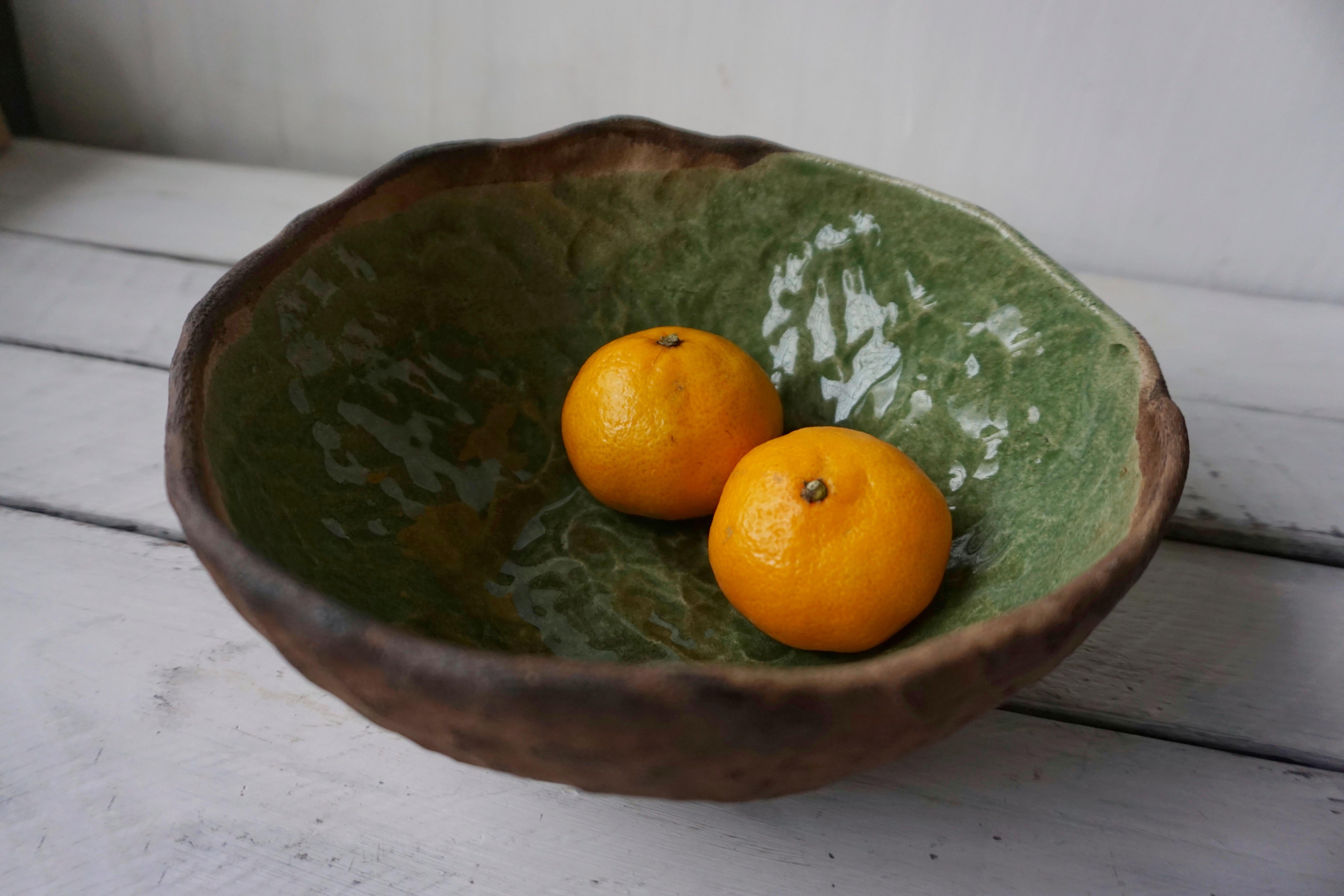Green Bowl- Unique Rustic Handmade Chamotte Clay Ceramic Bowl  Green Glaze  For Sale 4