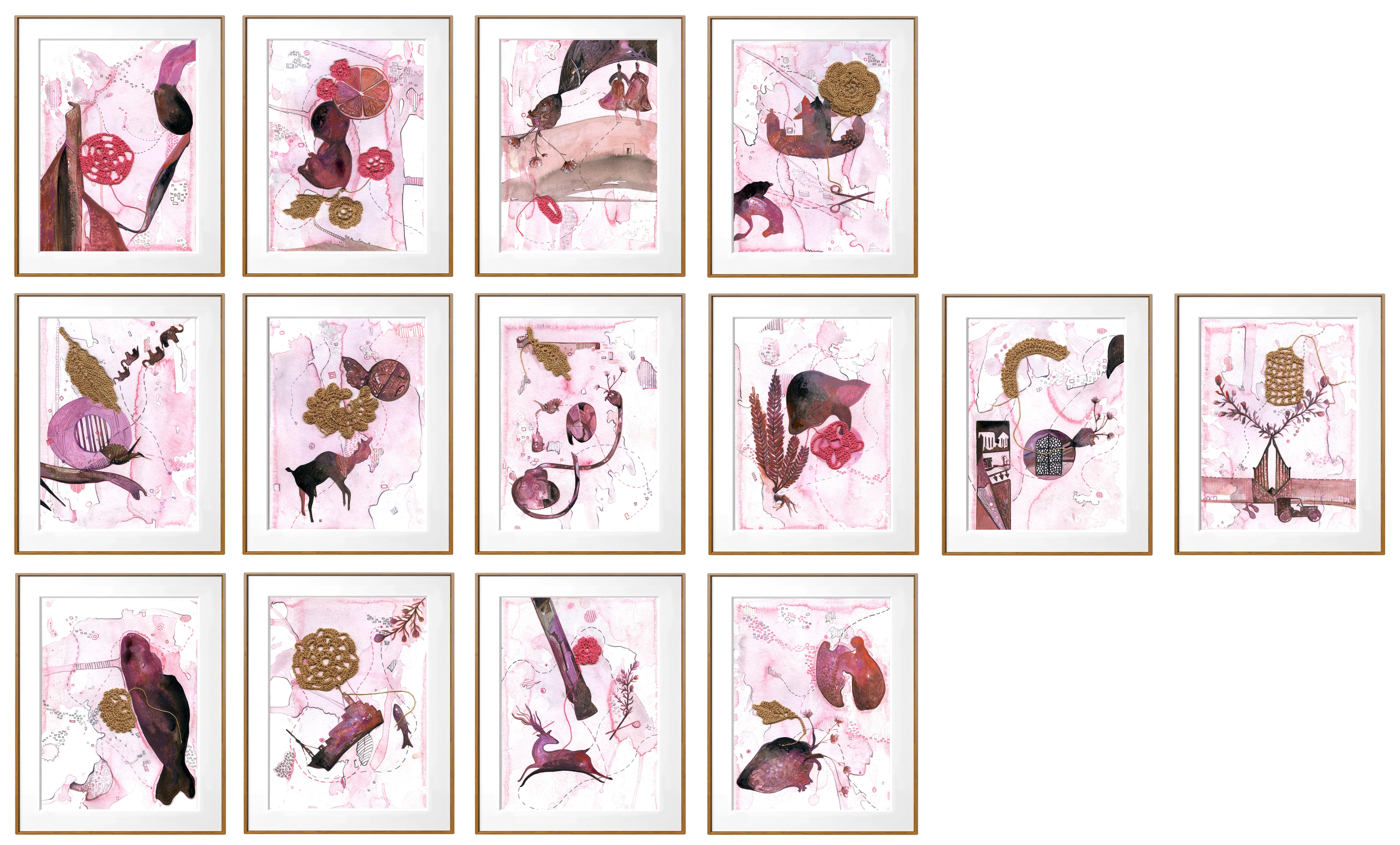Birth Healing -  14 panel Pink, Red, and Grey Painting by Indian Artist  2