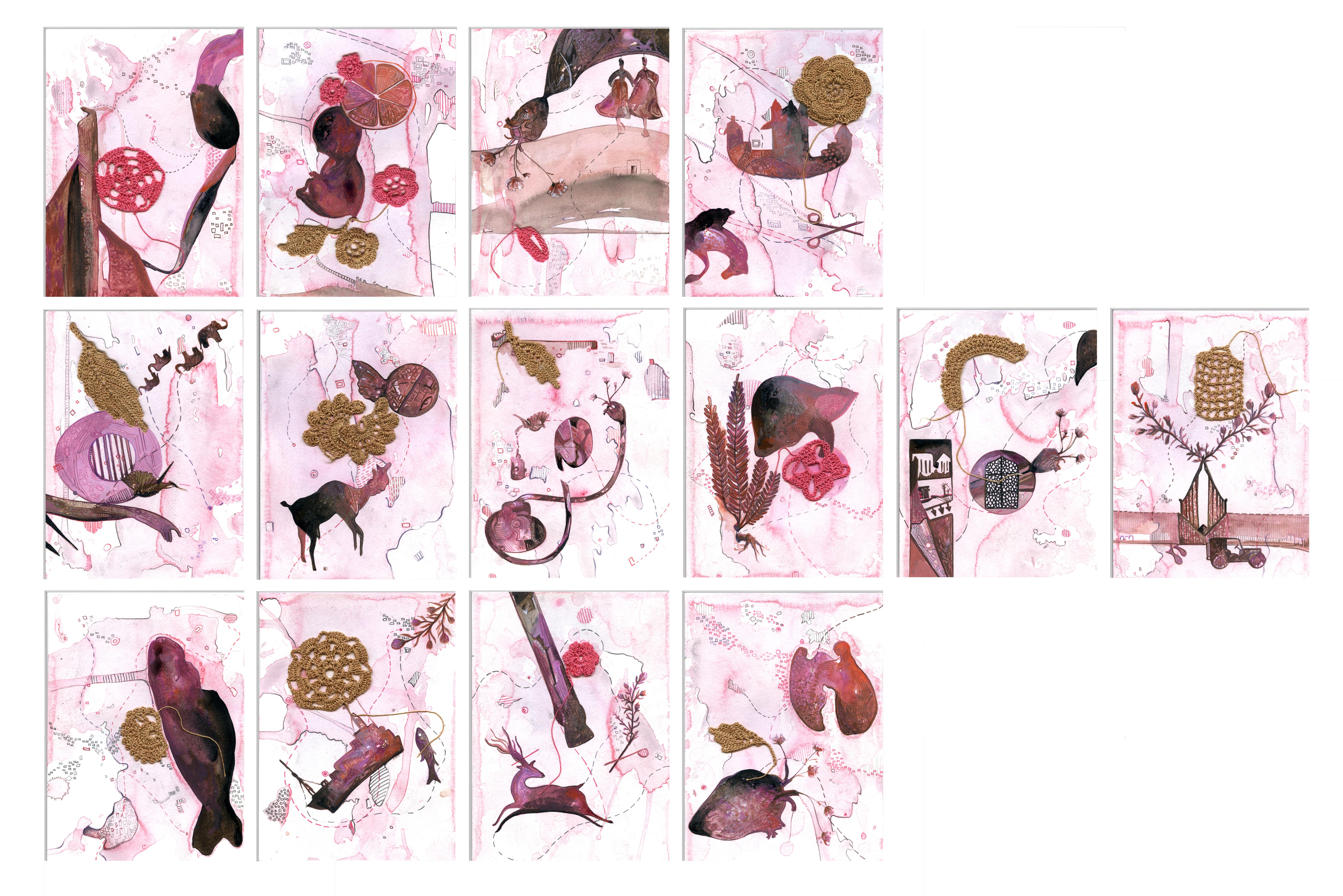 Birth Healing -  14 panel Pink, Red, and Grey Painting by Indian Artist  1