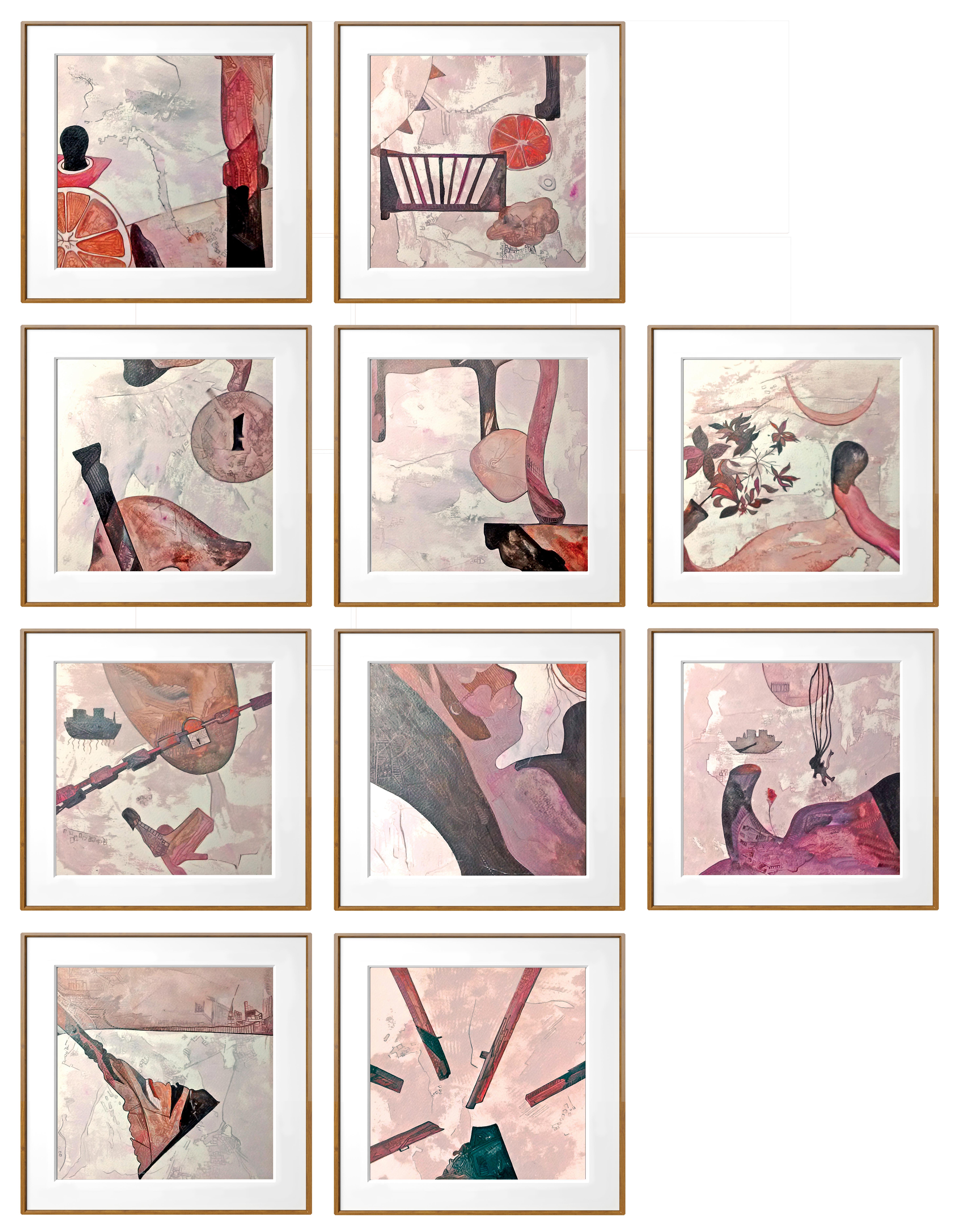 "Dialogue" - Contemporary Paintings by Indian Artist 10 pc, (Pink+White) 