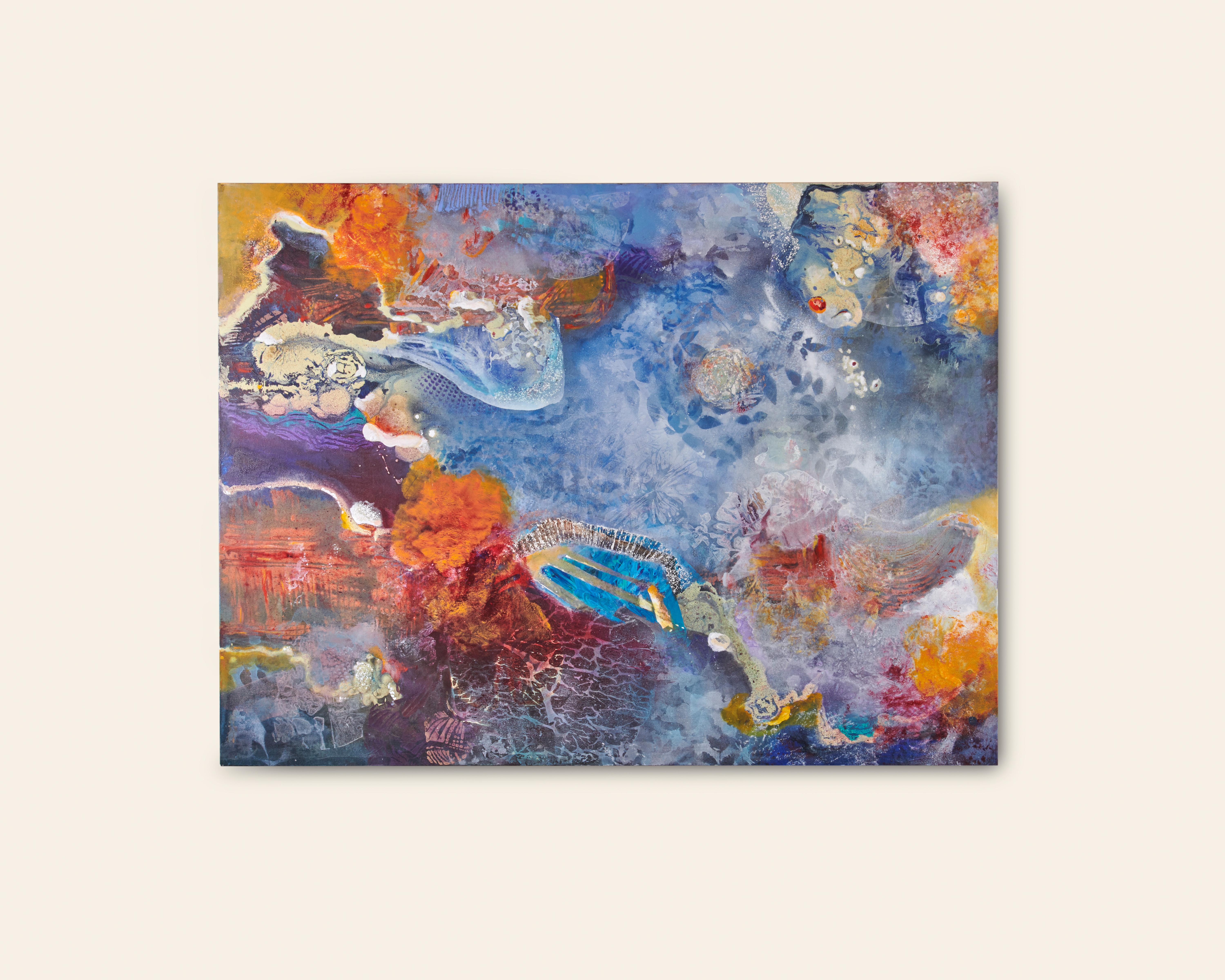 Dreams without Pictures -  Surreal Painting in Blue + Orange + Purple - Gray Abstract Painting by Jennifer Blalack
