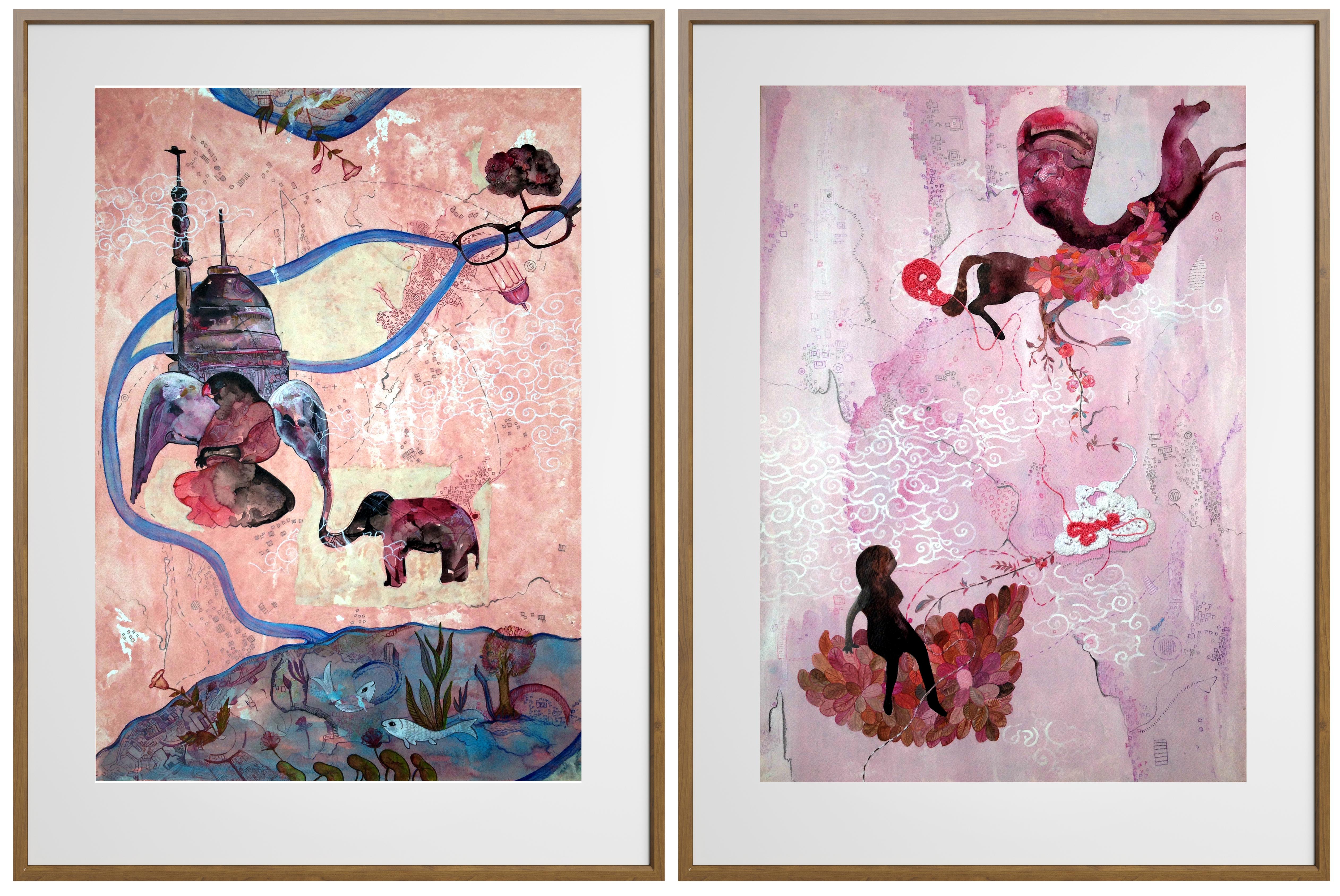 Ritu Sinha Figurative Painting - "Desire" - Framed Contemporary Diptych of India w/ Elephant in Pink + Grey