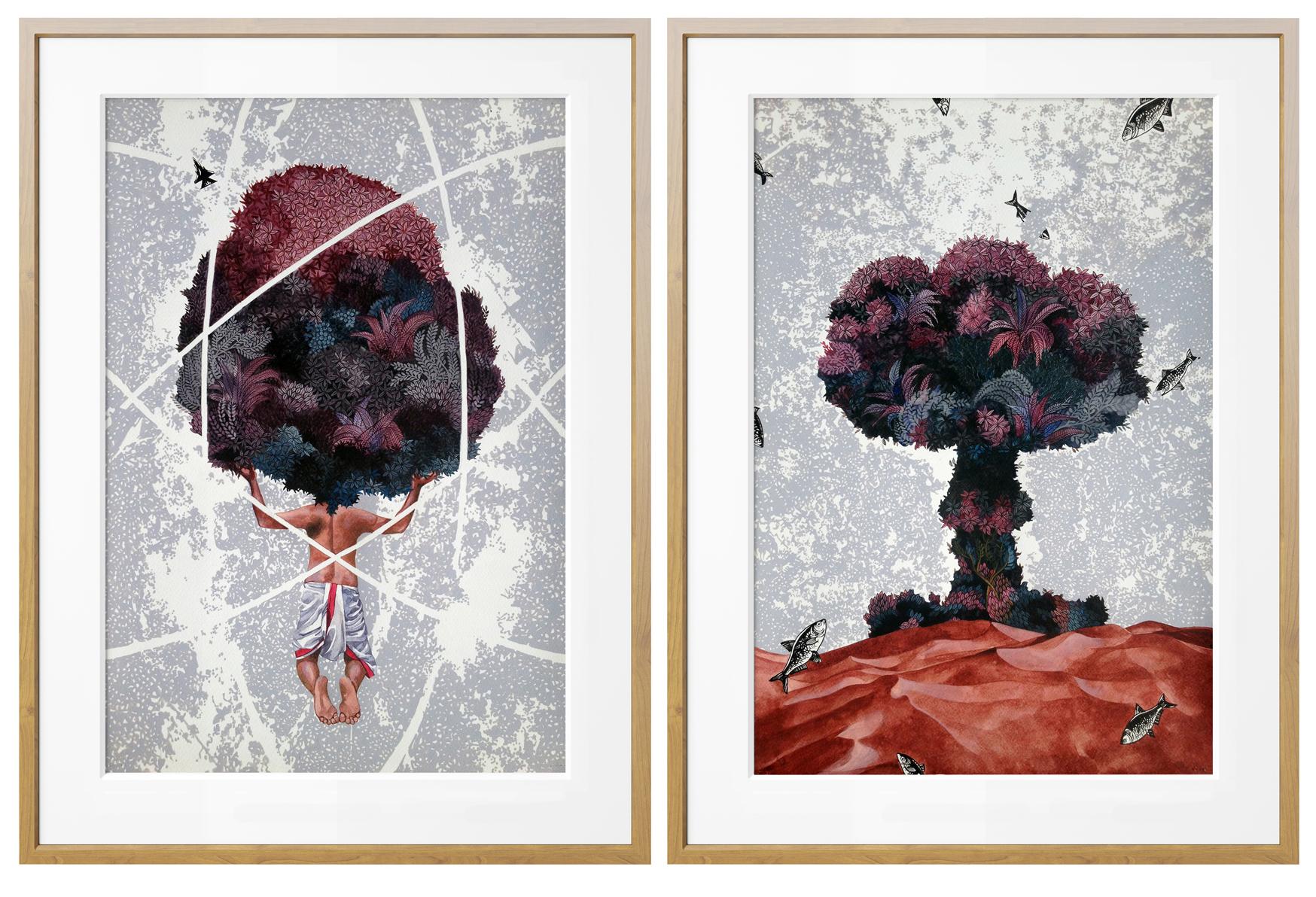 Binay Sinha Landscape Painting - Alarming Willingness - Incredible Figurative Landscape Diptych in Grey + Wine