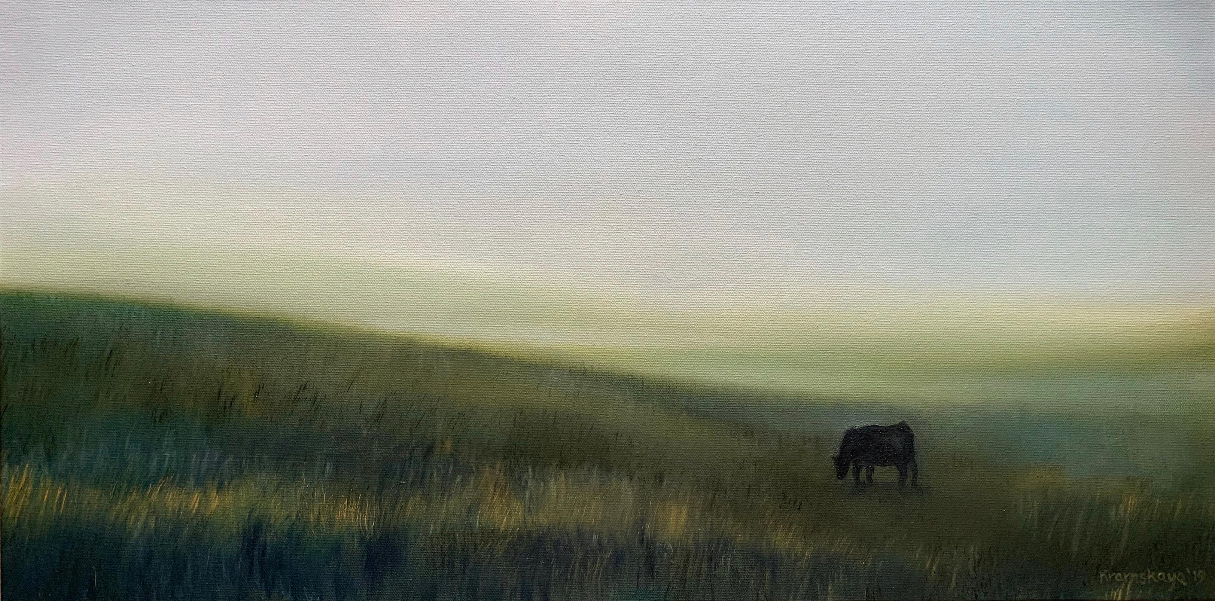 Natasha Kramskaya Animal Painting - Foggy Morning - Beautiful Pastoral Landscape Oil of Foggy Hills with Cow 