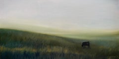 Foggy Morning - Beautiful Pastoral Landscape Oil of Foggy Hills with Cow 