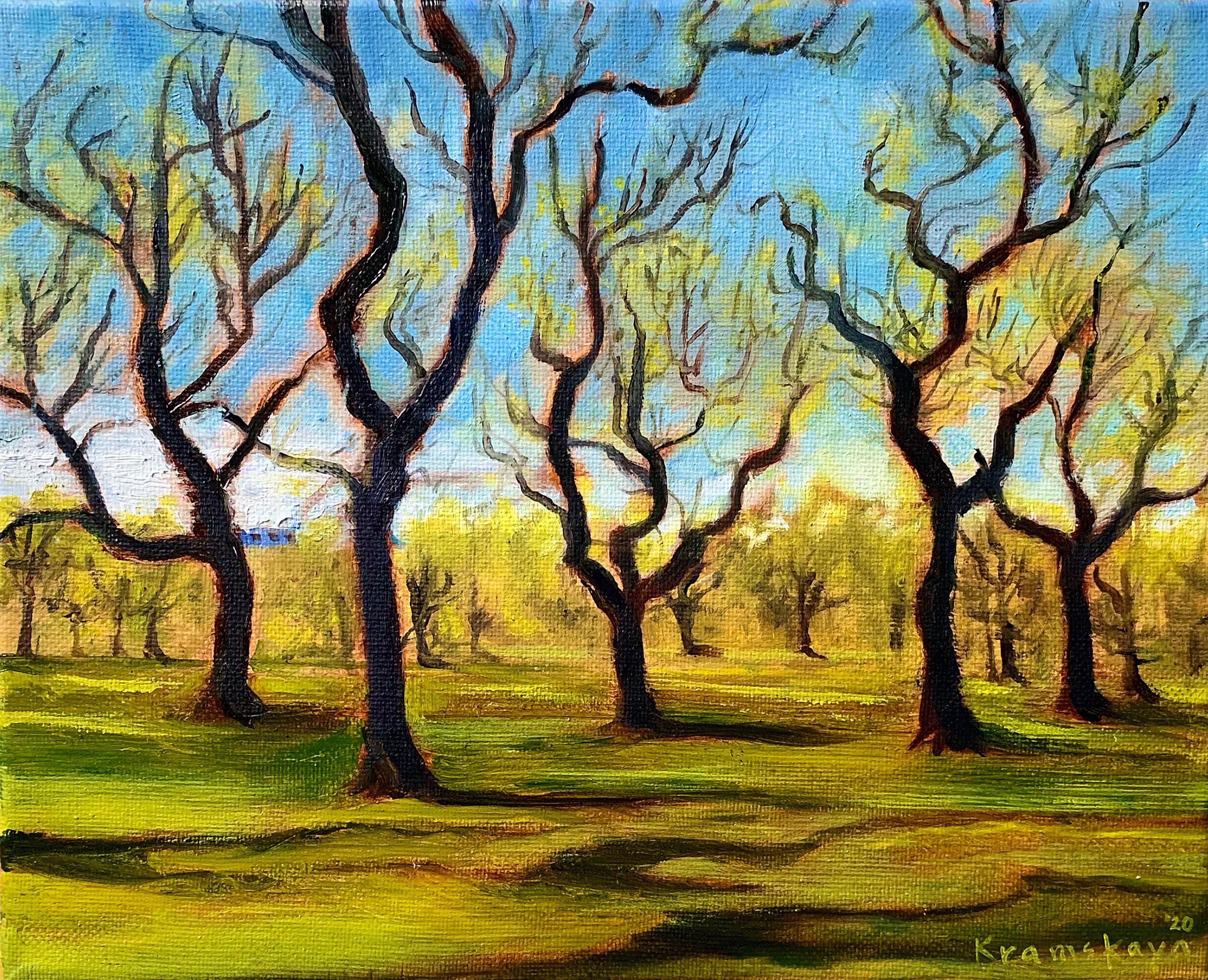 Natasha Kramskaya Abstract Painting - Spring in Central Park - Impressionist Style Landscape Painting of Trees