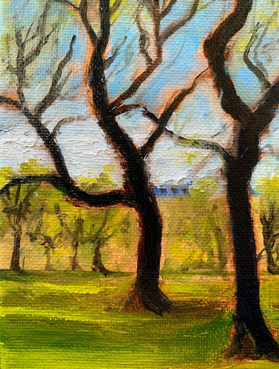 This impressionist landscape was painted from a scene at Central Park in New York. With playful exuberant colors bouncing across the canvas. Bay Area artist, Natasha Kramskaya painted this landscape from the verdant landscapes of the East Bay. The