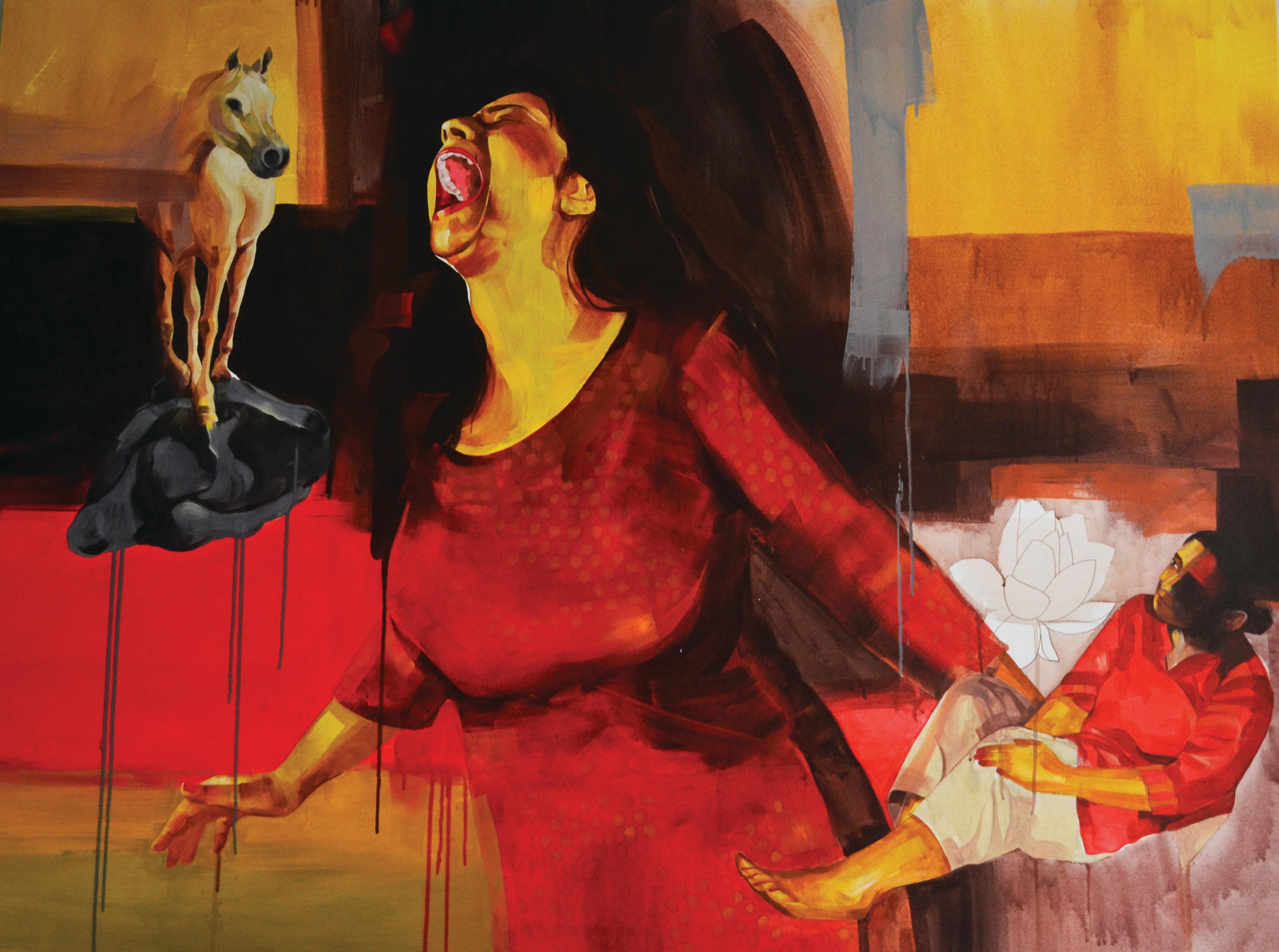 Ritu Sinha Figurative Painting - No One Wants To Scream- Contemporary Self Portrait Indian Artist (Red+Yellow)