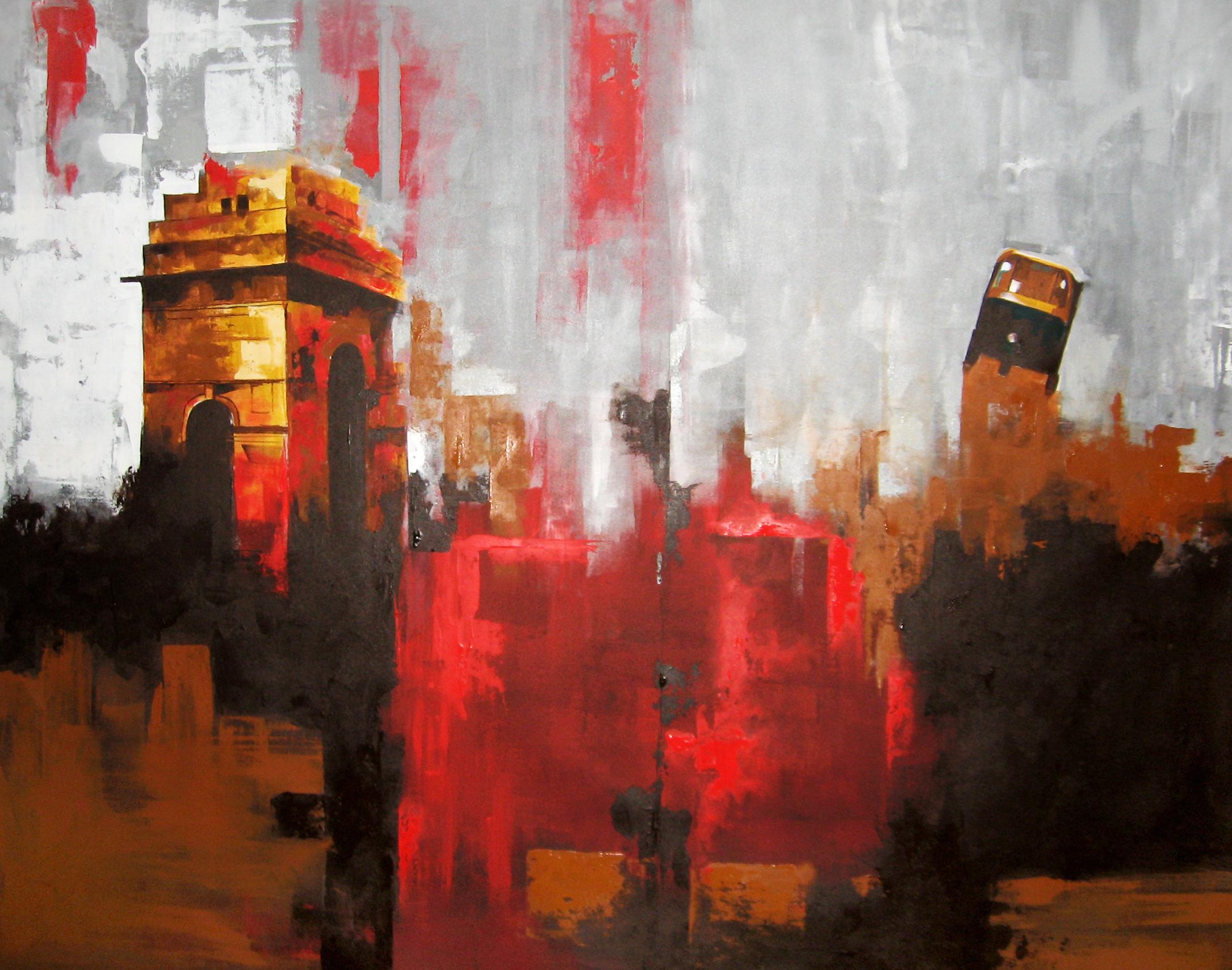 Ritu Sinha Landscape Painting - Is Delhi Safe No. 1- Architectural Abstraction with Palette Knife Grey + Red