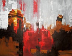 Is Delhi Safe No. 1- Architectural Abstraction with Palette Knife Grey + Red