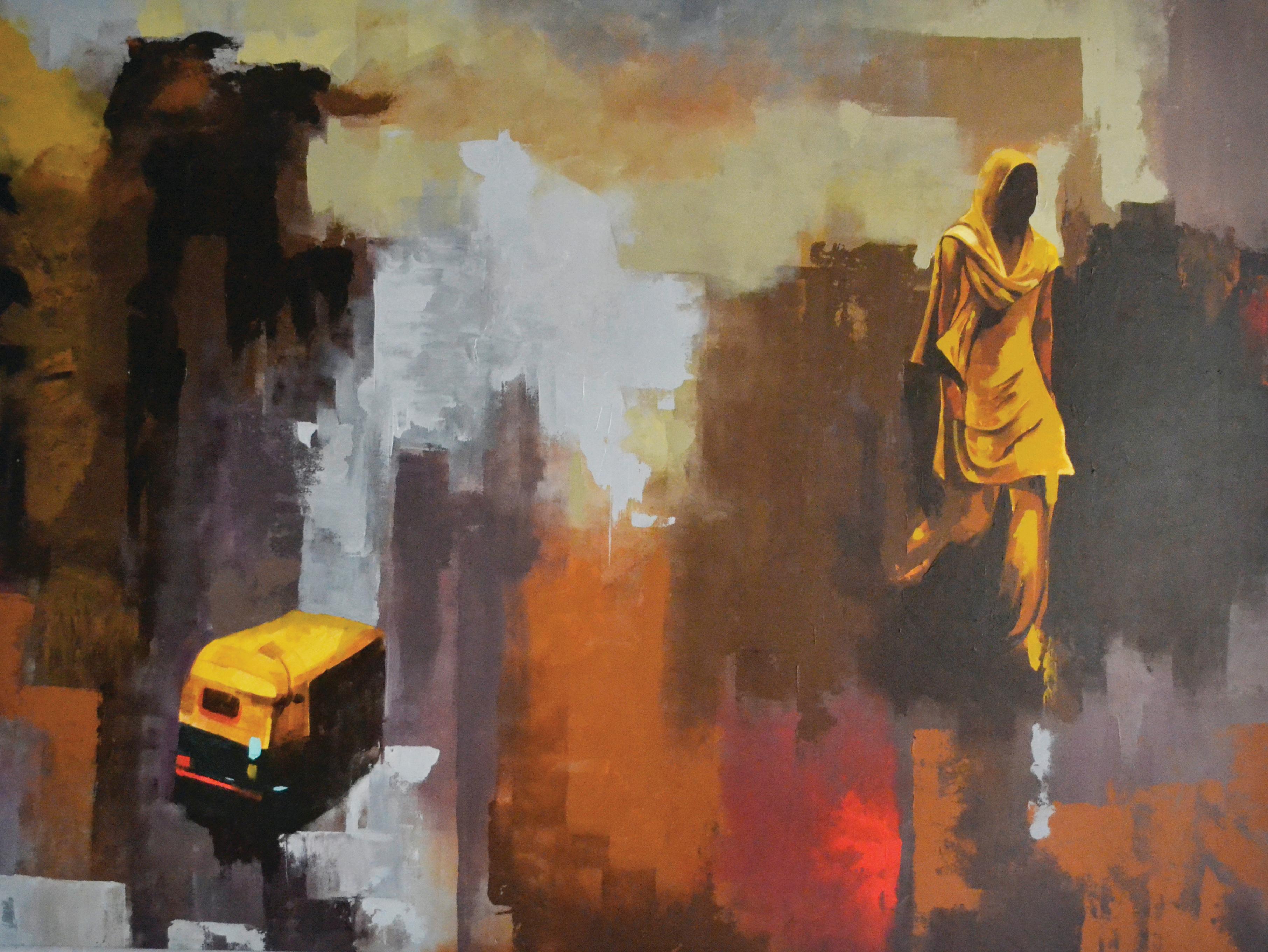 Ritu Sinha Figurative Painting - Is Delhi Safe No. 2- Figurative Abstraction with Palette Knife Red+Cream+Black
