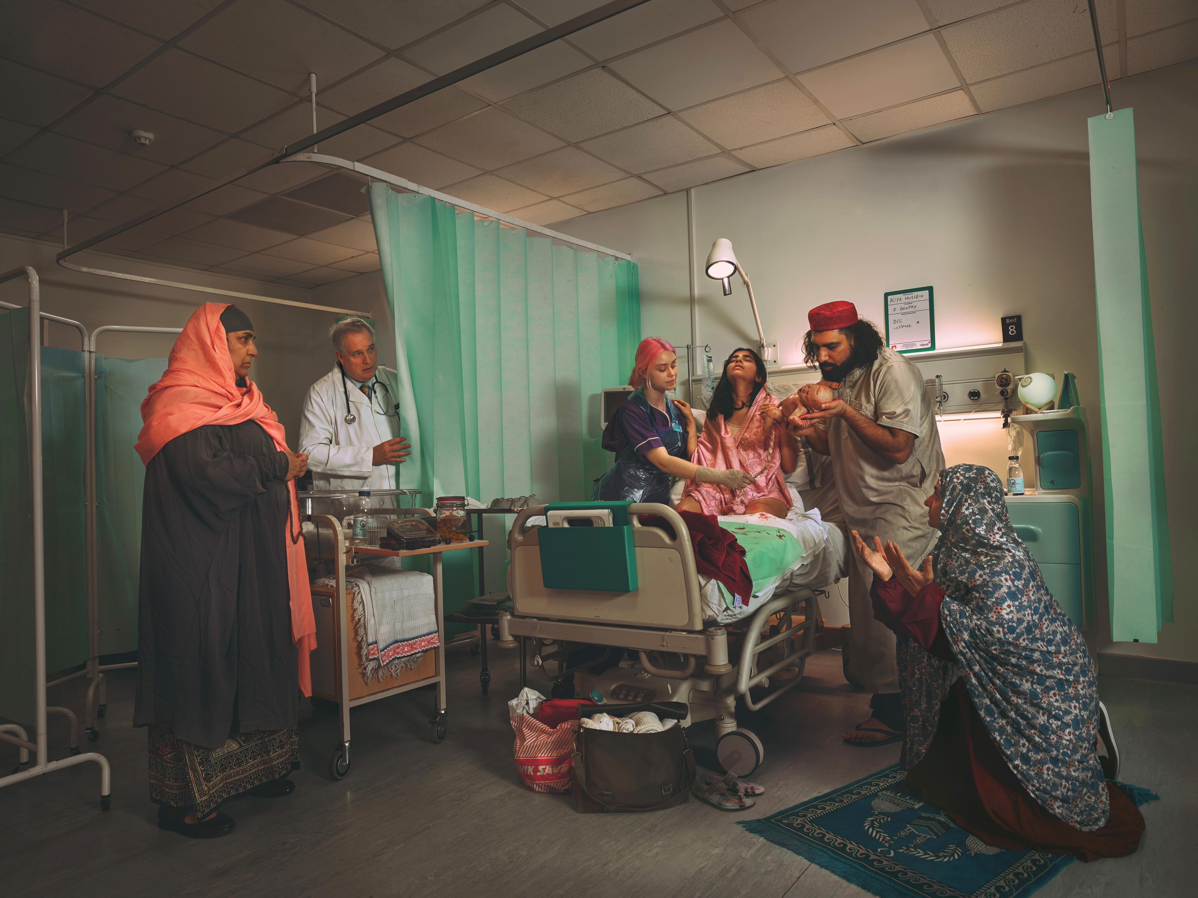 Natalie Lennard Color Photograph - Call to Prayer - Staged Photograph of Muslim Birth Scene (Green+Peach)