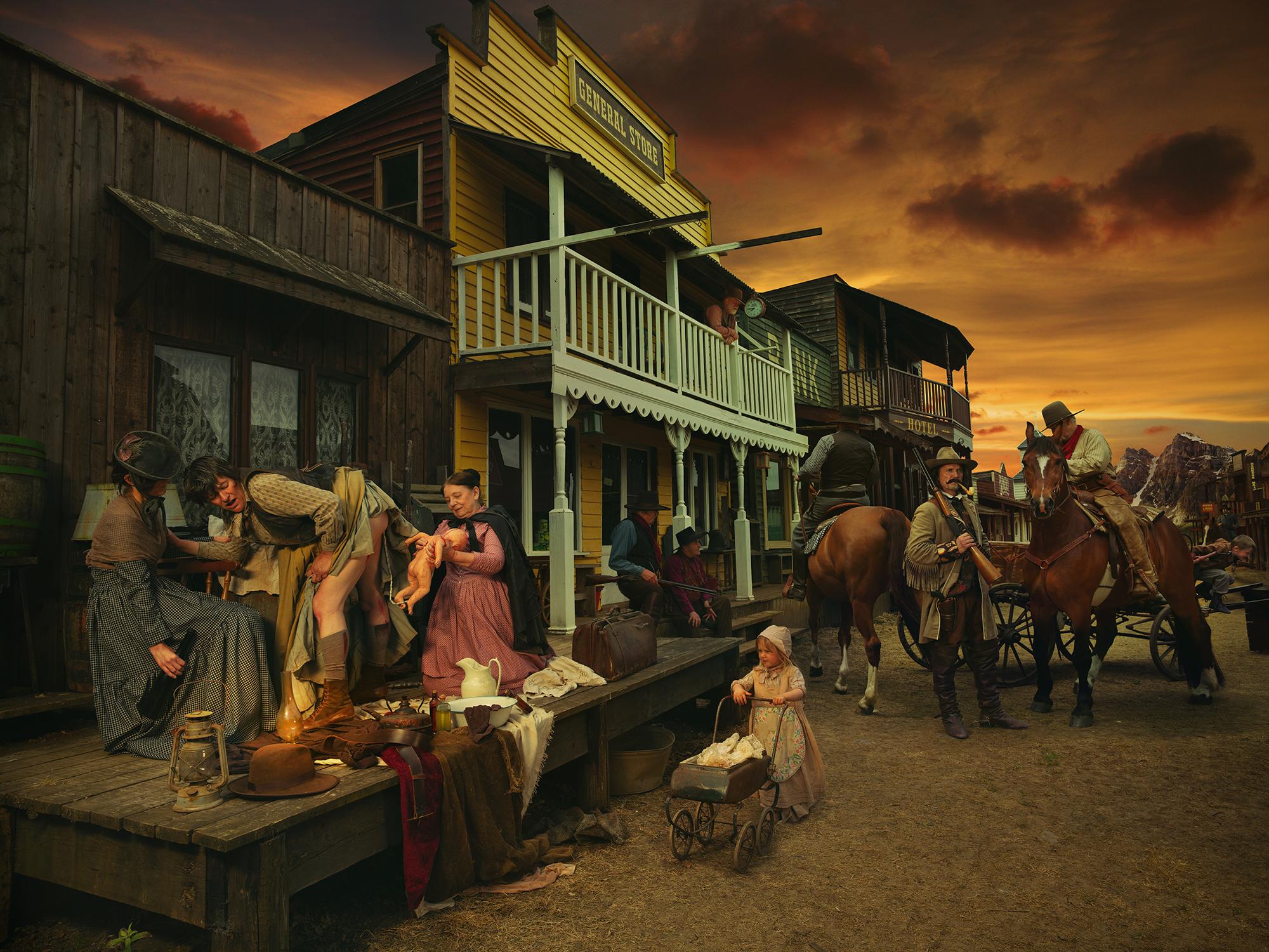Natalie Lennard Color Photograph - Born of Calamity- Staged Photograph of Birth Scene of Wild West + Calamity Jane