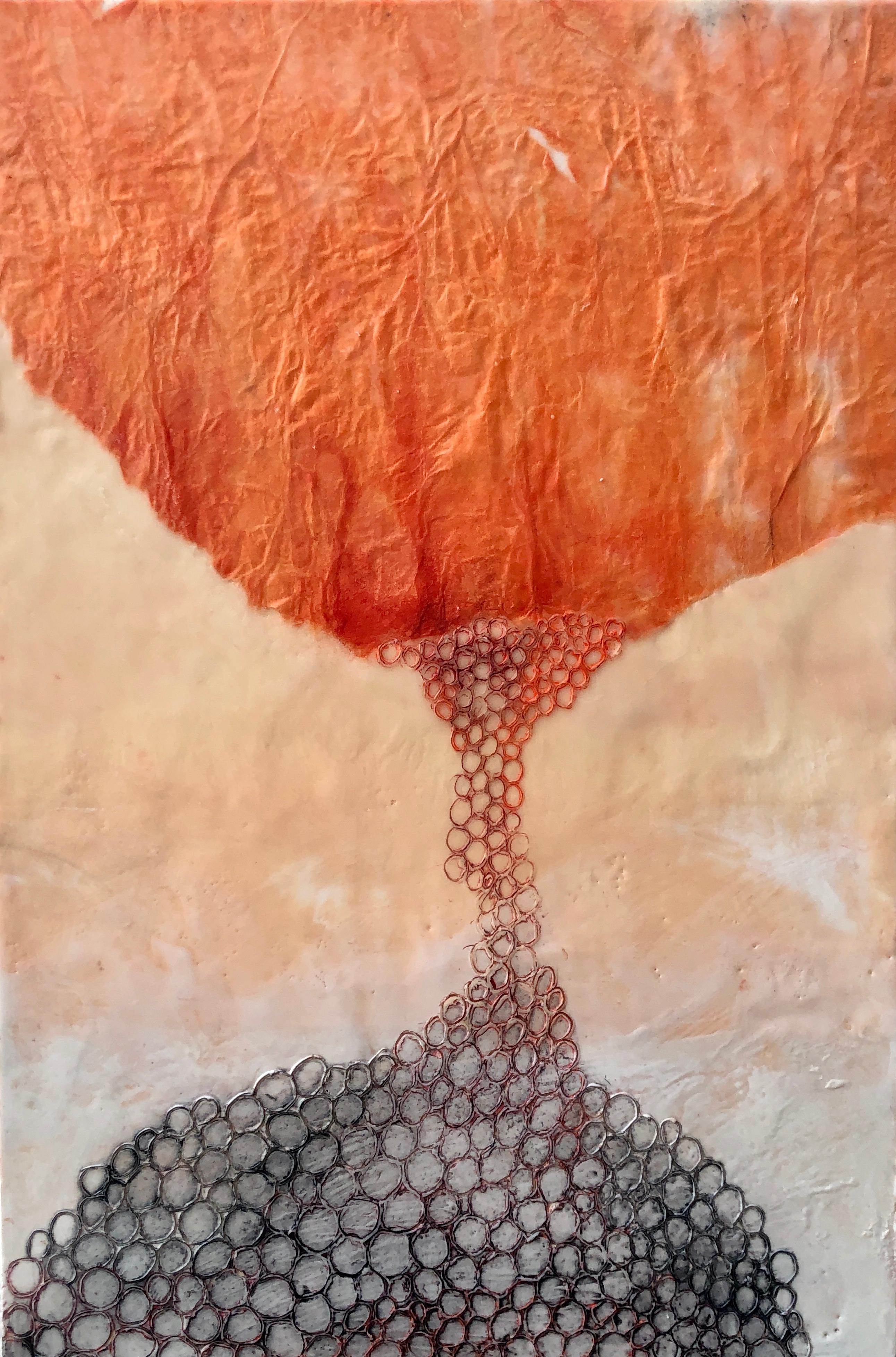 Linda Frueh Abstract Painting - Genesis - Textured Small Abstract Encuastic Painting in Neutral + Orange