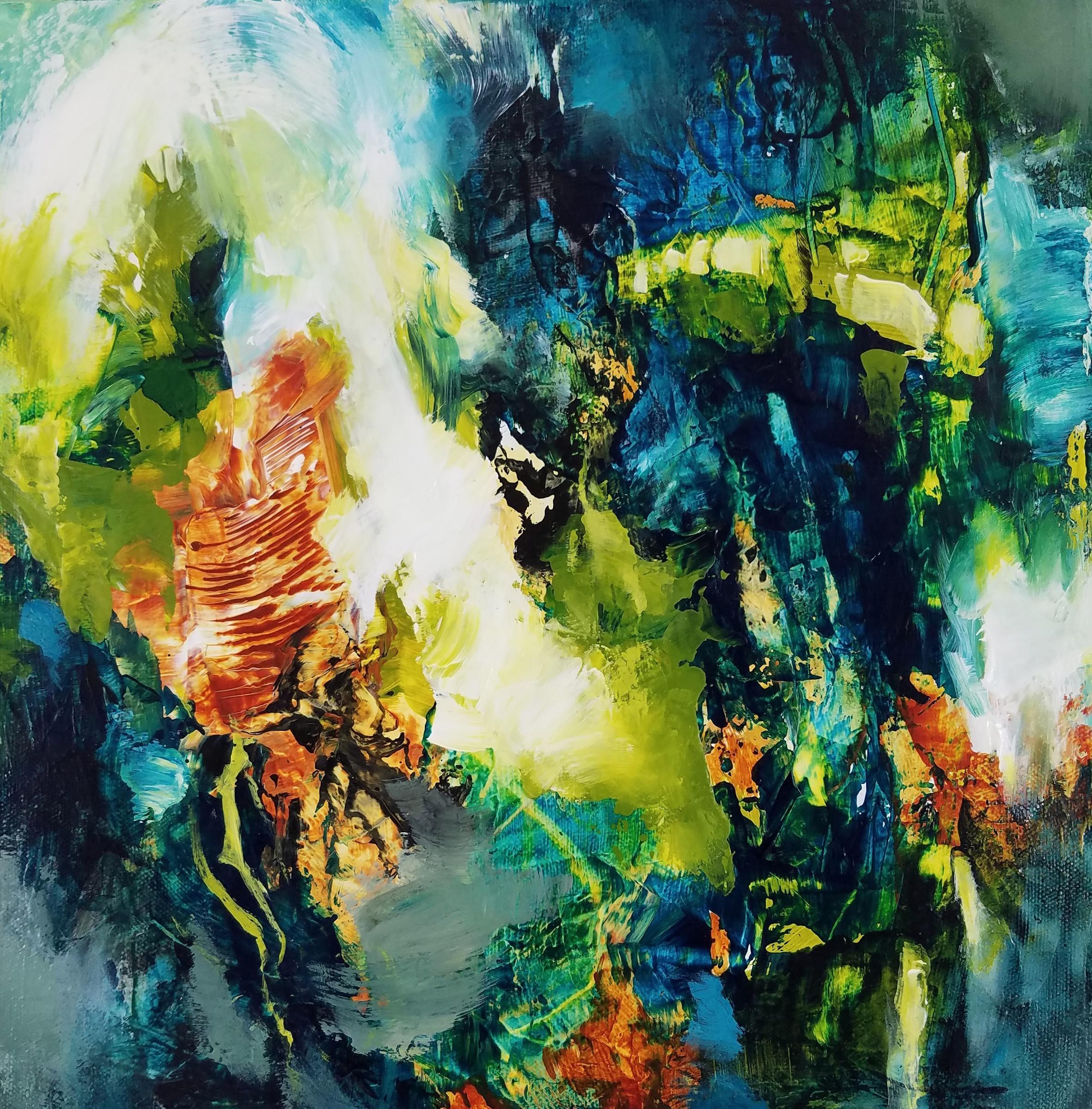 Laurie Barmore Abstract Painting - Forest Light #1 - Square Abstract Expressionist Painting in Blue + Green