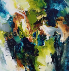 Forest Light #2- Square Abstract Expressionist Painting in Blue + Green