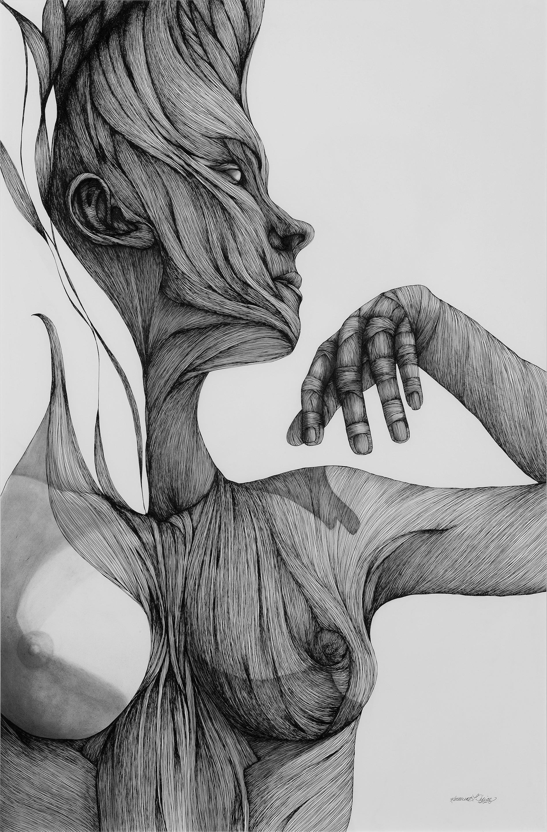 Ether - Stift, Tinte, Schwarz-Weiß-Zeichnung einer weiblichen Figur – Art von Katherine Filice
