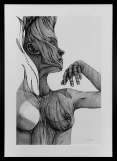 Ether - Pen, Ink, Black White Drawing of Female Figure