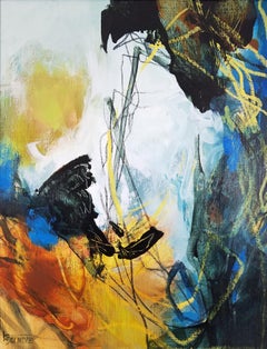 Sheltering #3- Abstract Expressionist Painting Black + Yellow + Cream