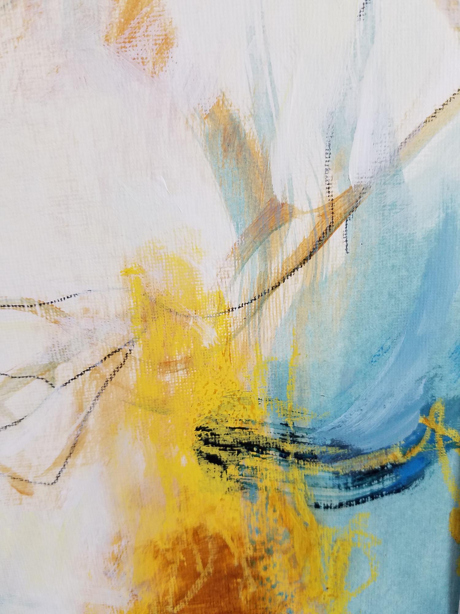 Sheltering #8- Abstract Expressionist Painting Blue + Cream + Yellow - Beige Abstract Painting by Laurie Barmore