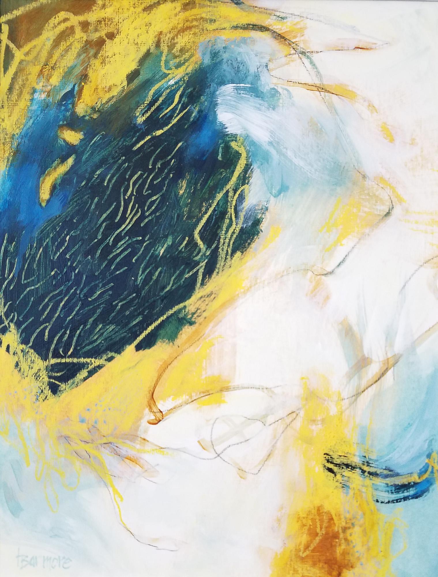 Laurie Barmore Abstract Painting - Sheltering #8- Abstract Expressionist Painting Blue + Cream + Yellow