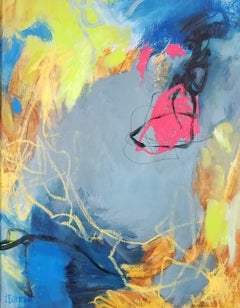 Sheltering #10 - Abstract Expressionist Painting on Paper (Teal+Pink+Yellow)