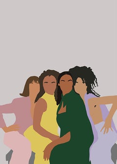 Together- Digital Illustration of Four Women Multicultural Green+Yellow+Pink 