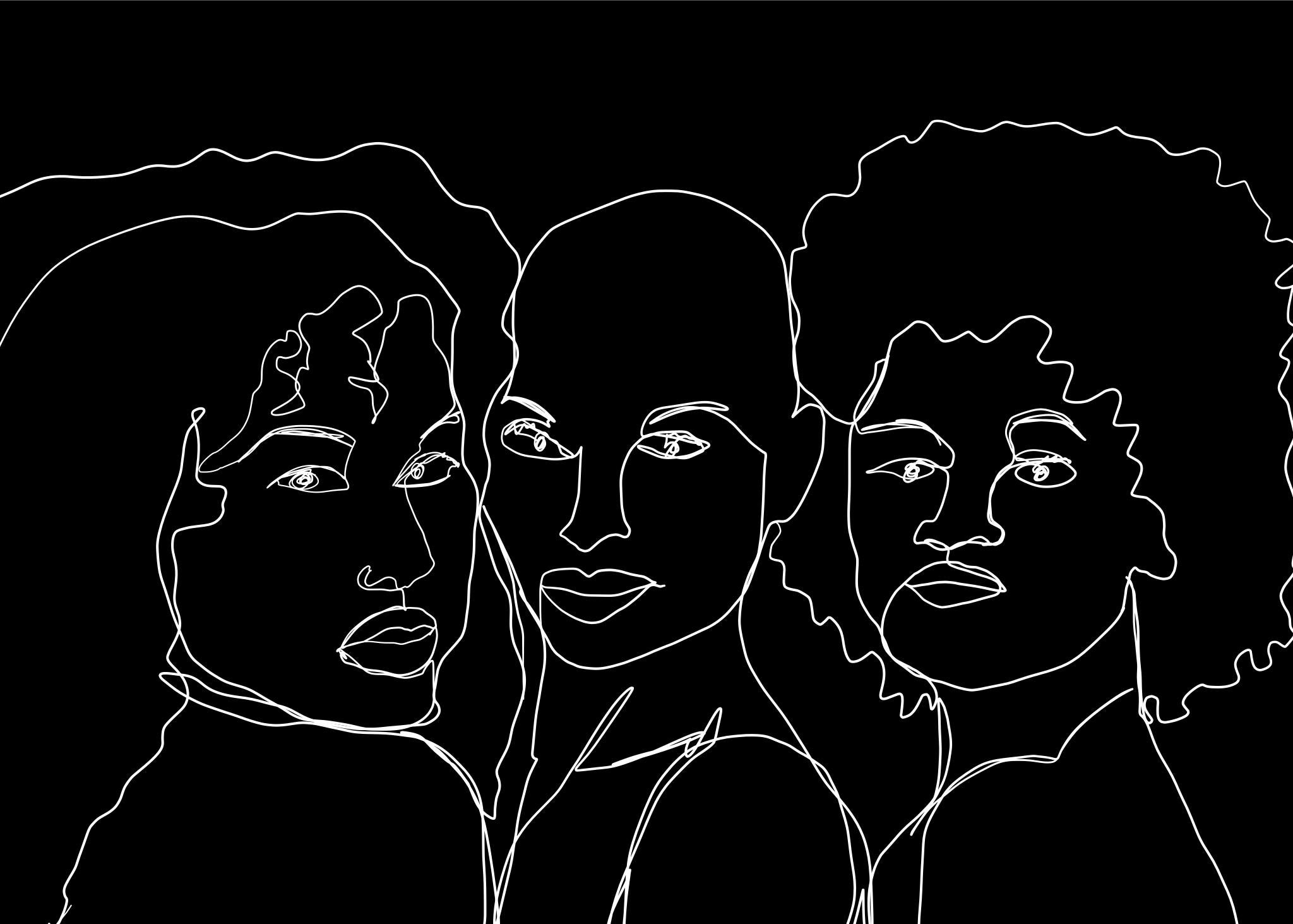Samantha Viotty Portrait Print - Gyals BW- Contemporary Digital Illustration of Three Women (Black+White) (1/20)