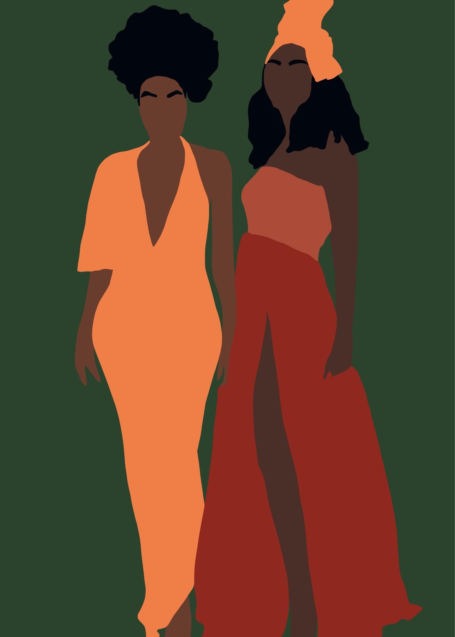 BSG- Illustration numérique de deux figures féminines vert+orange+rouge (1/20)