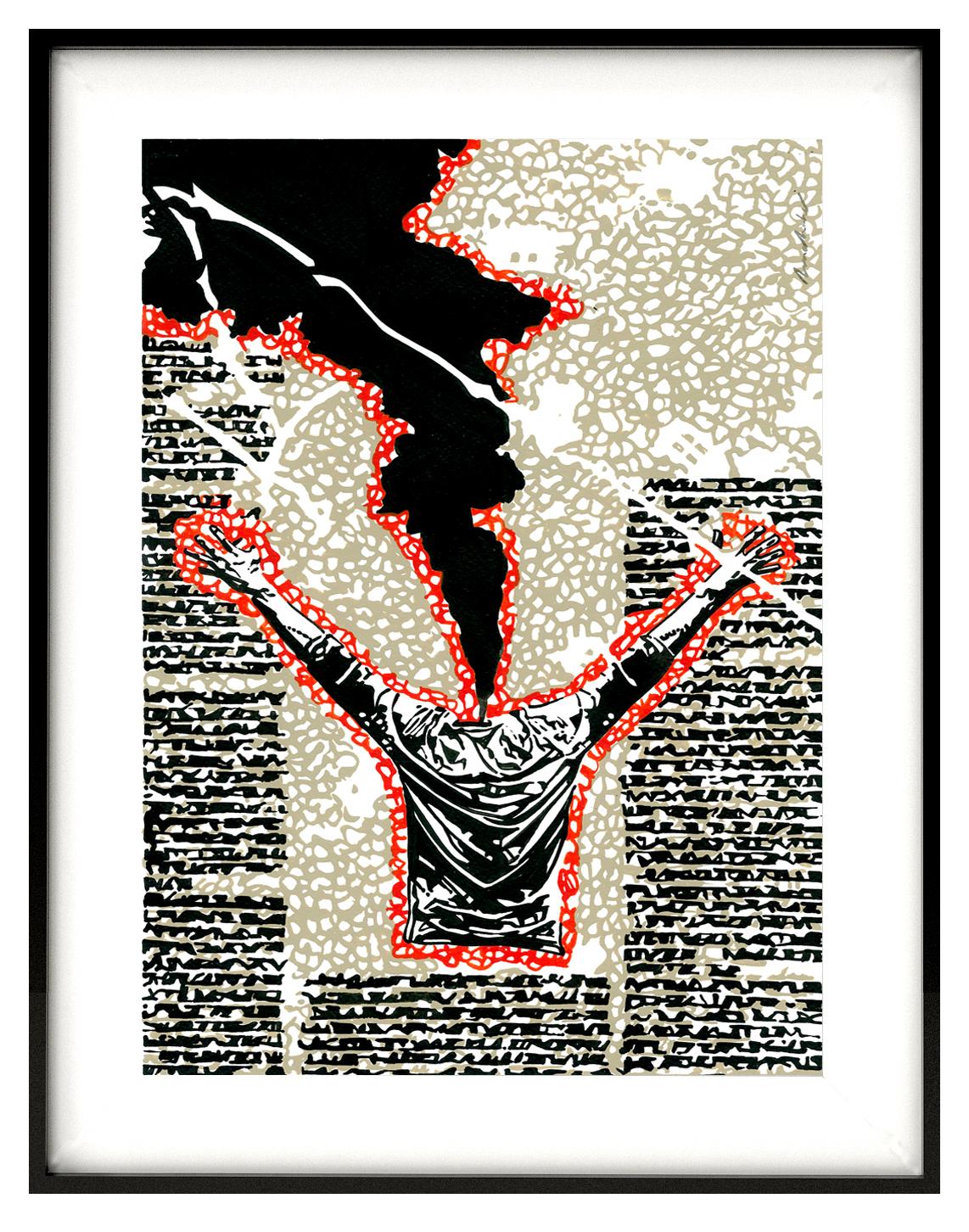 Bites of Trivial Matter- Painting By Indian Artist in Red + Black on Paper  For Sale 1