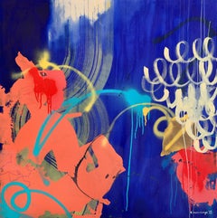 Everything is Peachy- Abstract Acrylic on Canvas, Blue, Green, Peach