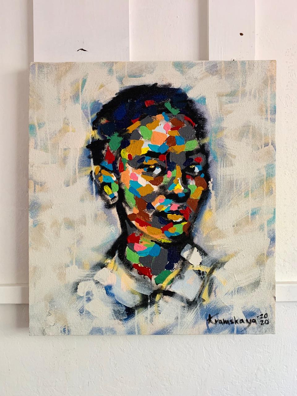 Her Smile- Colorful Abstract Portrait of Black Woman Blue + Ochre + Grey + Green - Painting by Natasha Kramskaya