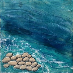 2pm - Relaxing Abstract Beach Ocean Scene w/ Rocks + Waves in Blue + Teal + Grey