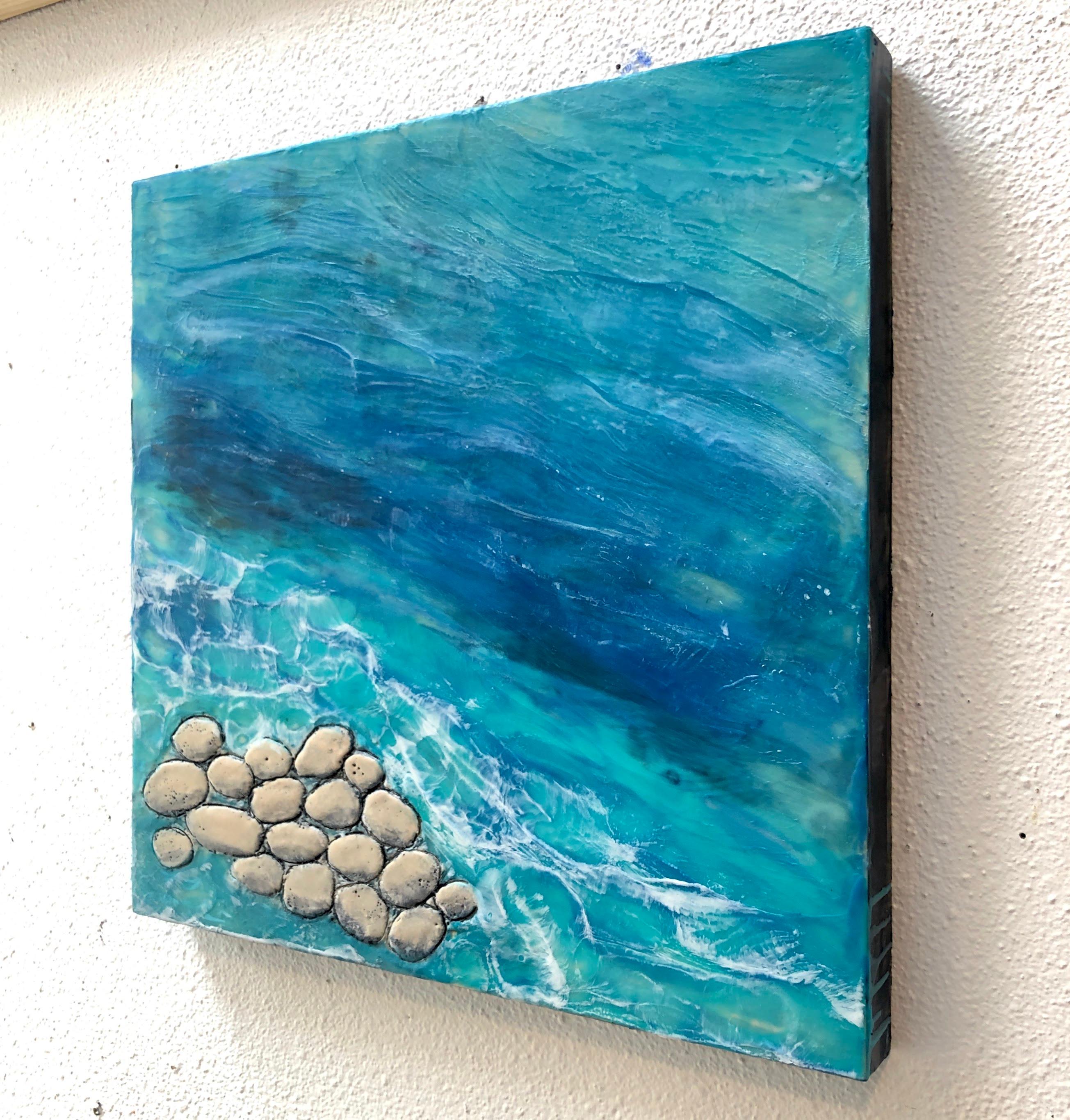 2pm - Relaxing Abstract Beach Ocean Scene w/ Rocks + Waves in Blue + Teal + Grey - Painting by Linda Frueh