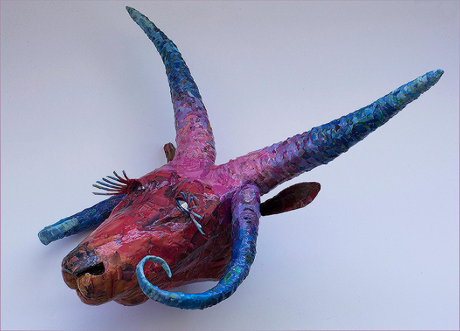 Manx - Colorful & Playful Sculpture of Endangered Animal Species in Purple + Red - Contemporary Mixed Media Art by Yulia Shtern