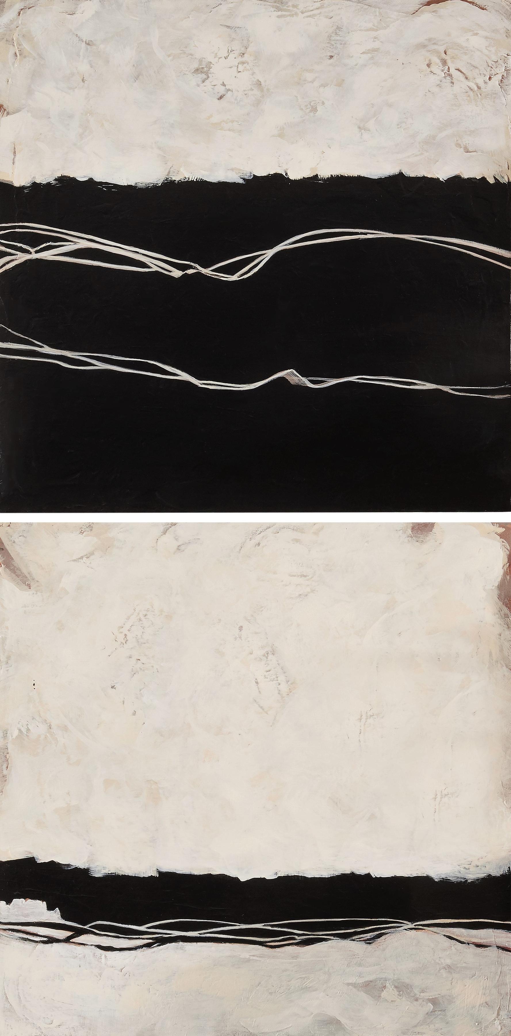 Helen Bellaver Abstract Painting - Endeavor Diptych - Two Toned Expressionist Acrylic Paintings Black and Cream