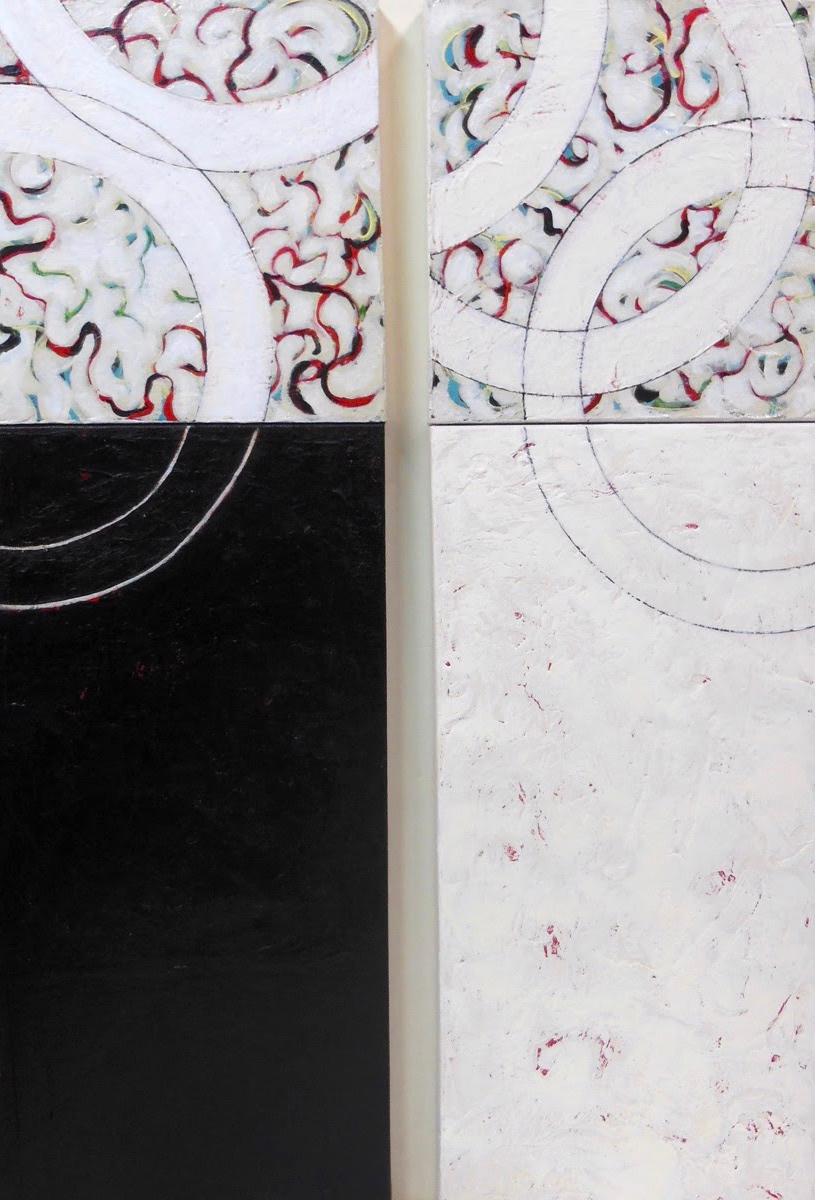 Helen Bellaver Abstract Painting - Dawn Diptych - Two Toned Expressionist Geometric Abstraction (Black+White)