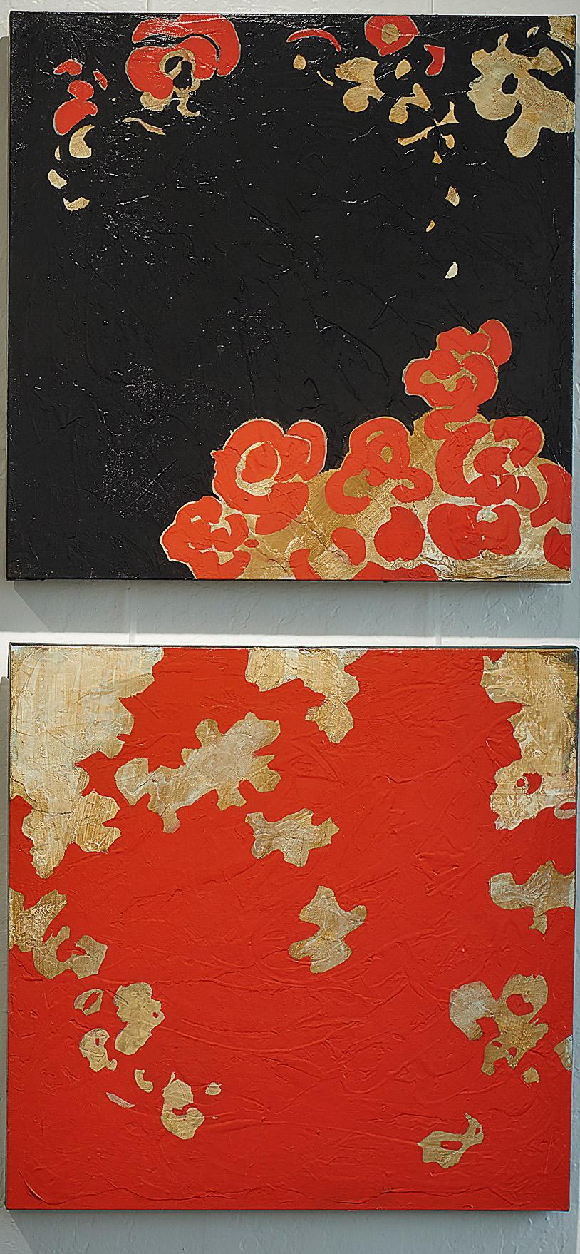 Helen Bellaver Landscape Painting - Garden Diptych - Floral Gestural Contemporary Abstract Painting in (Black+Red)