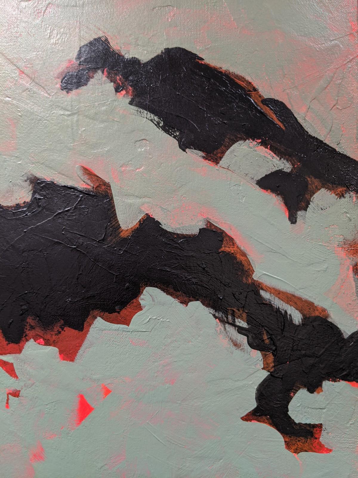 Primal Dance- Abstract Expressionist Painting in Red + Mossy Green + Black - Gray Abstract Painting by Helen Bellaver