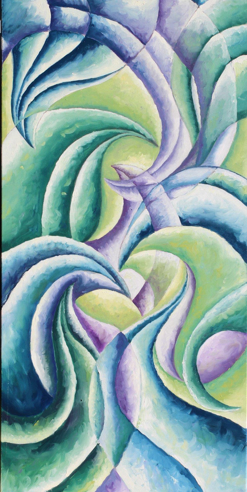 Emily May Abstract Painting - “Good Conversation”  - Colorful Abstract Oil Painting Blue + Green + Purple