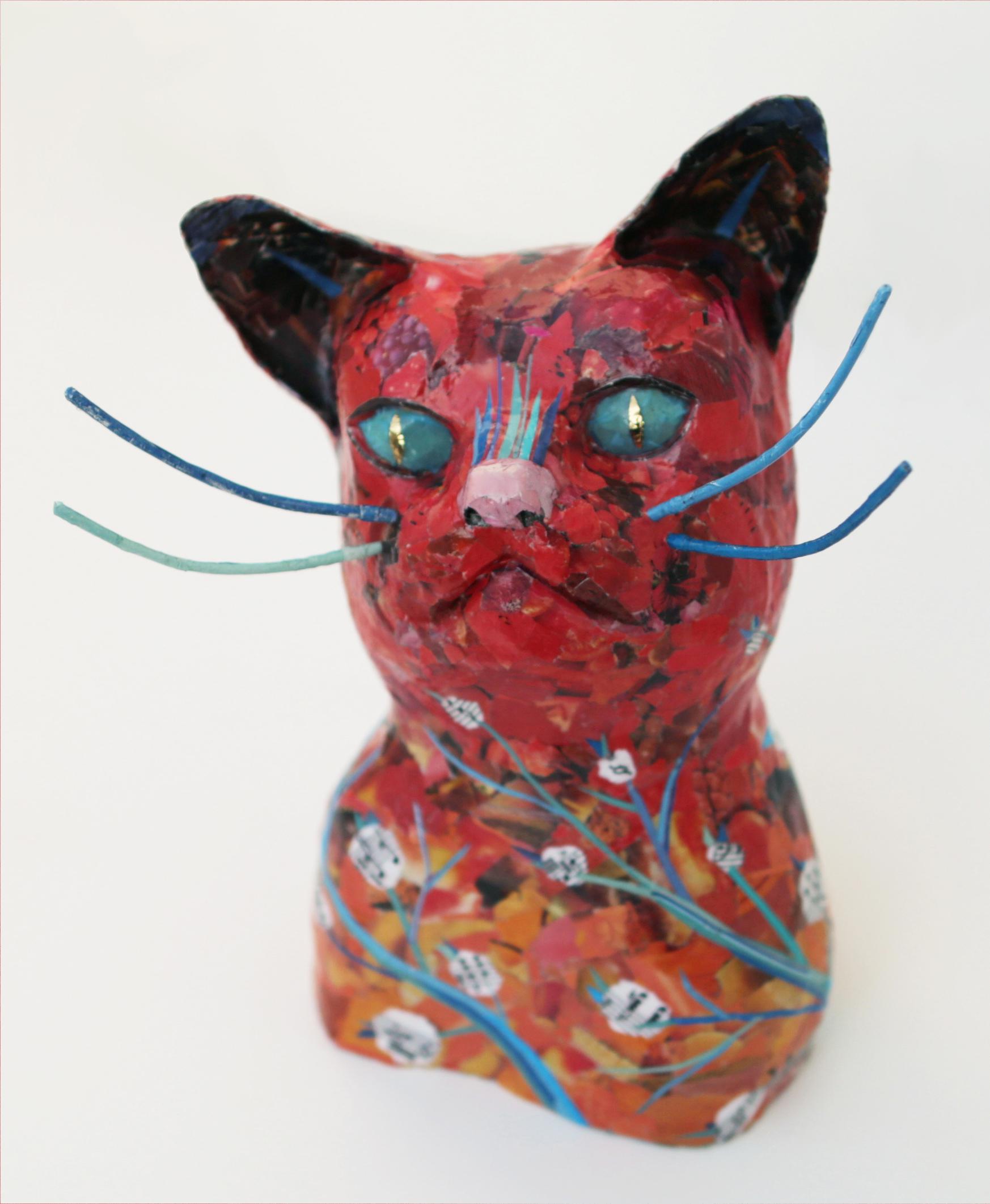 Yulia Shtern Figurative Sculpture - Forest Cat - Playful Animal Sculpture in Red + Blue + Black