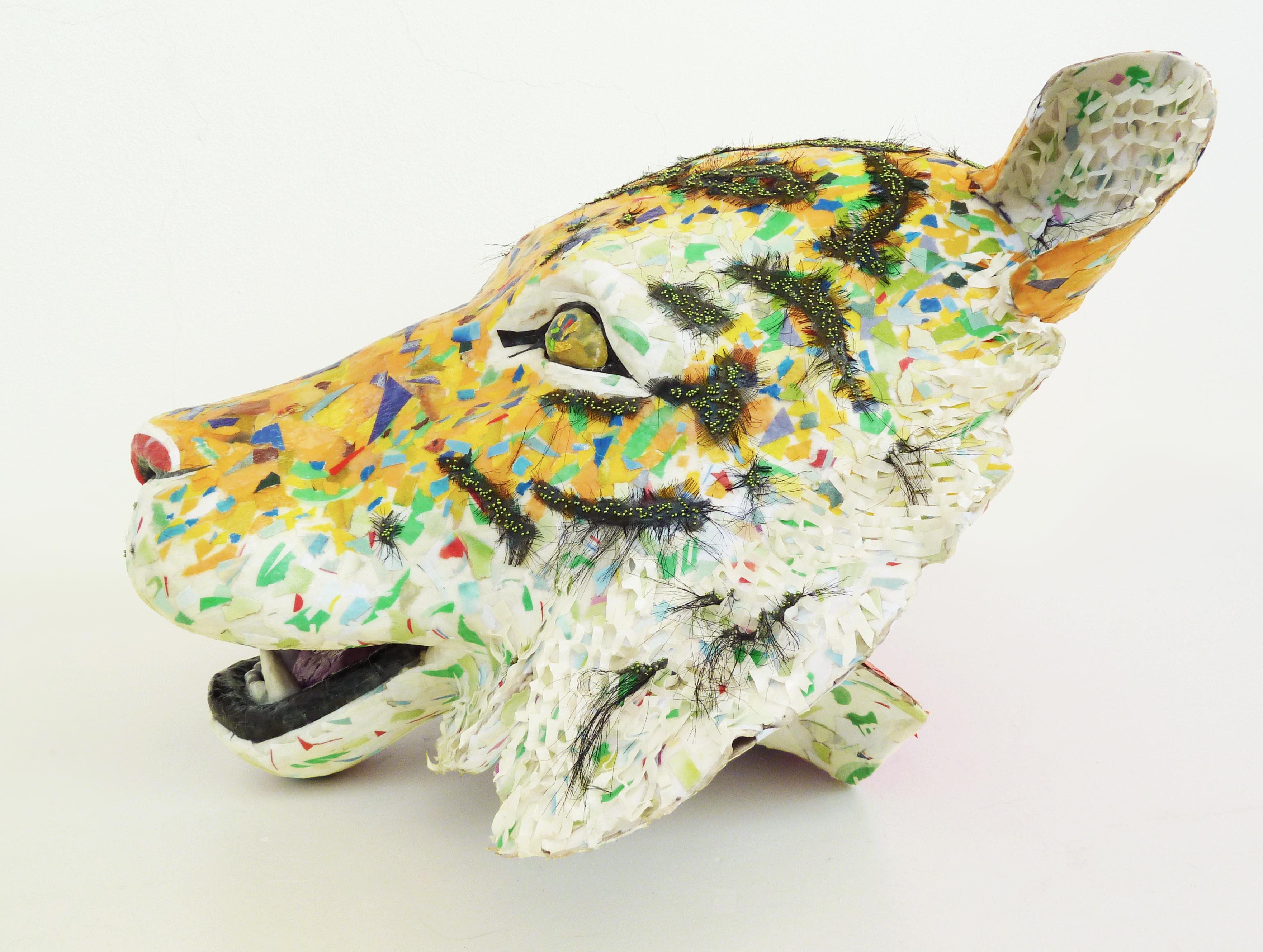 Amur- Sculpture of Endangered Siberian Tiger Created from Up-Cycled Materials - Contemporary Mixed Media Art by Yulia Shtern