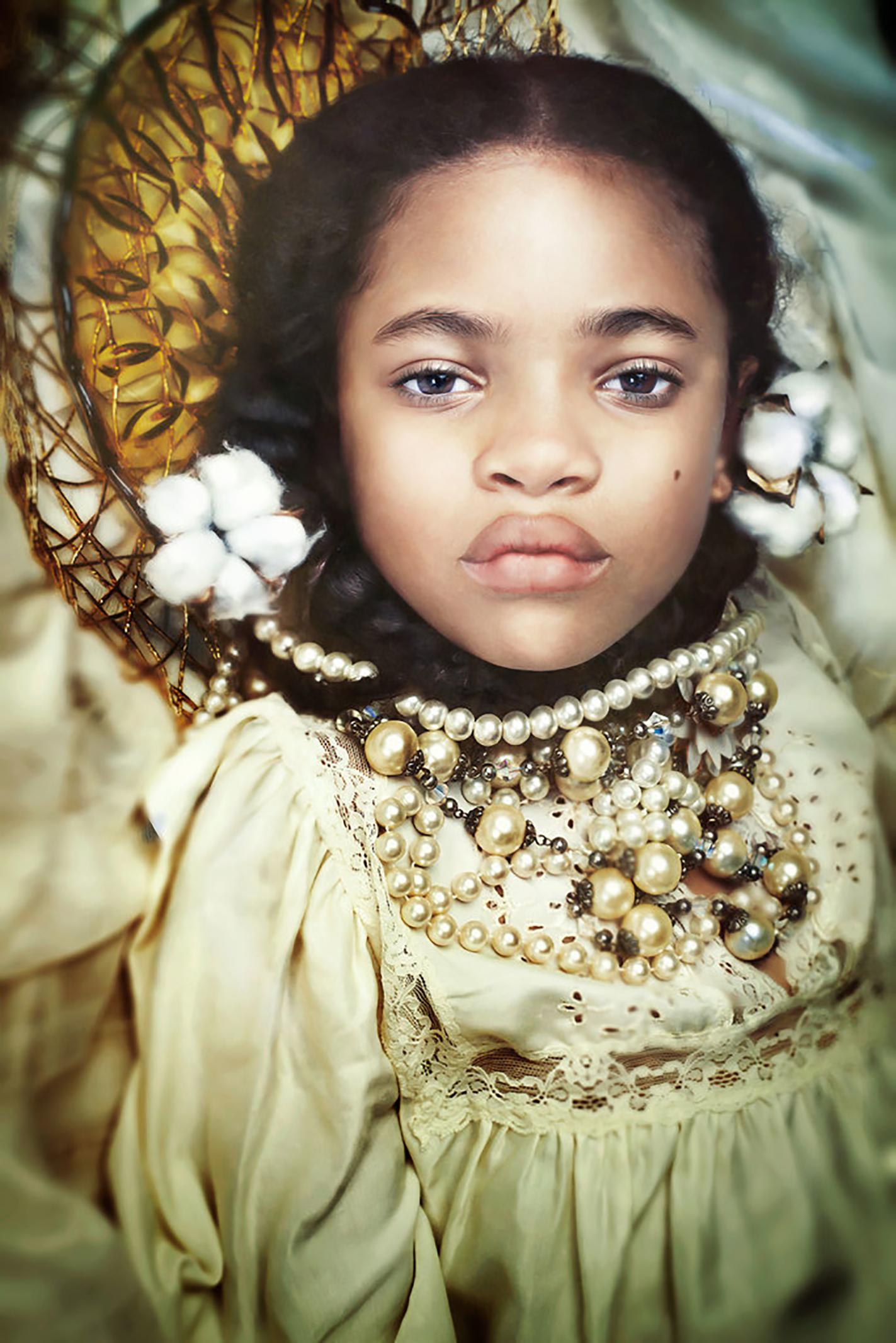 Tokie Rome-Taylor Figurative Photograph - Our Worth > Cotton & Gold- Contemporary Portrait Photograph of Young Black Girl