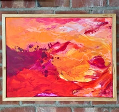 Fire Sky- Impasto Abstract Gestural Contemporary Painting in Orange + Red Framed