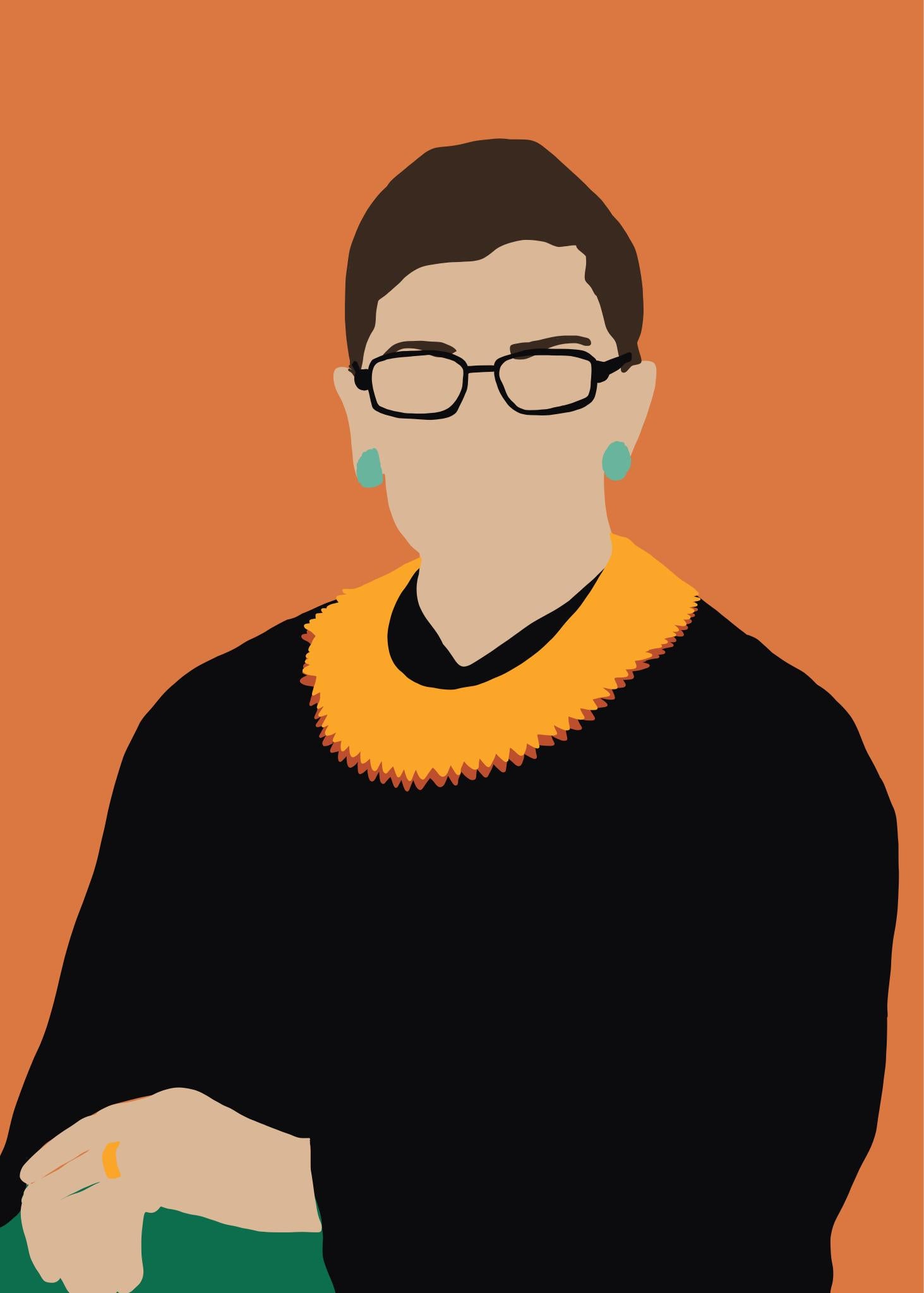 RBG- Framed Contemporary Portrait of Ruth Bader Ginsberg Supreme Court(Orange) - Print by Samantha Viotty