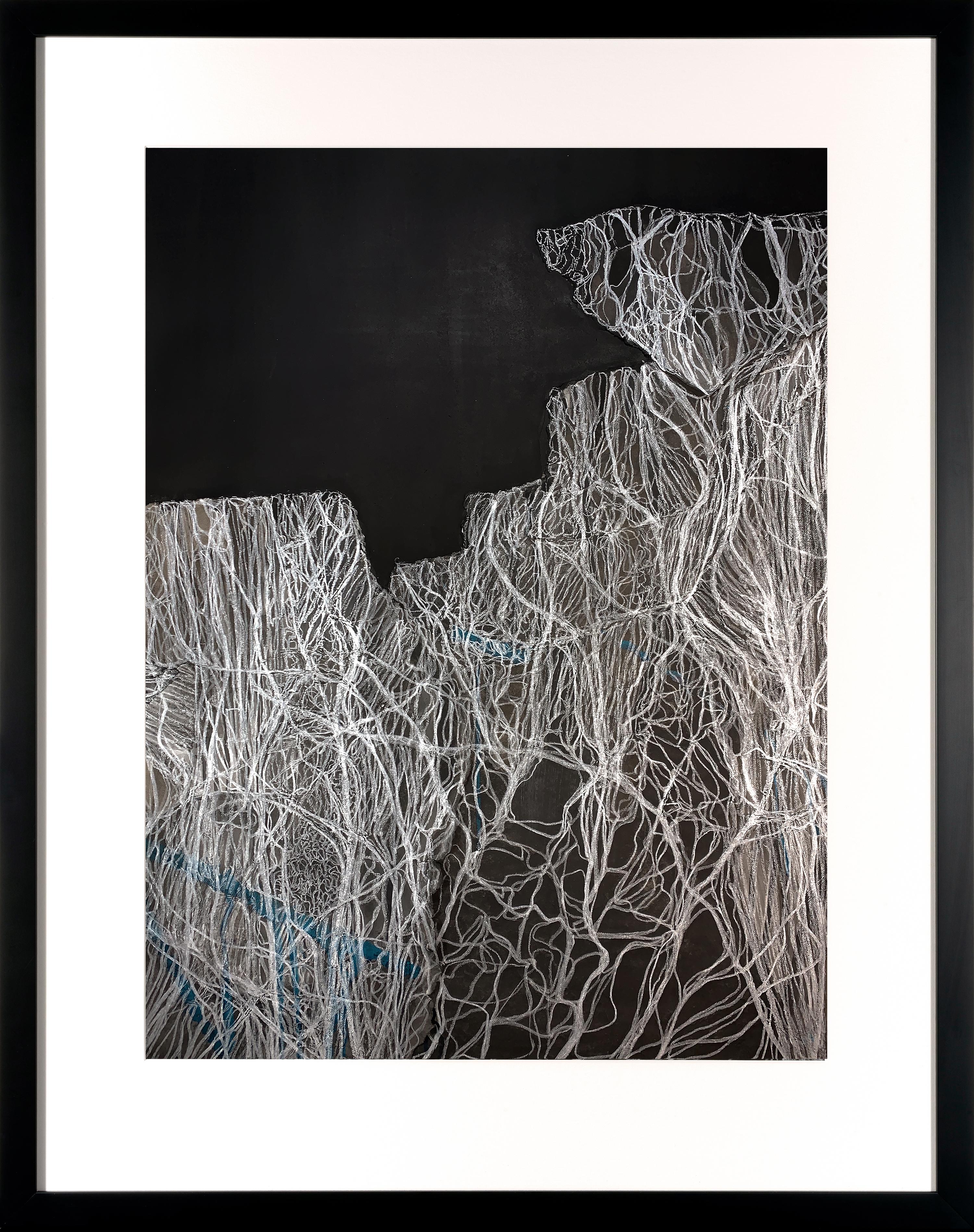 Katherine Filice Abstract Drawing - Fragments of Memory III - Contemporary Abstract Work on Paper Black, White Teal