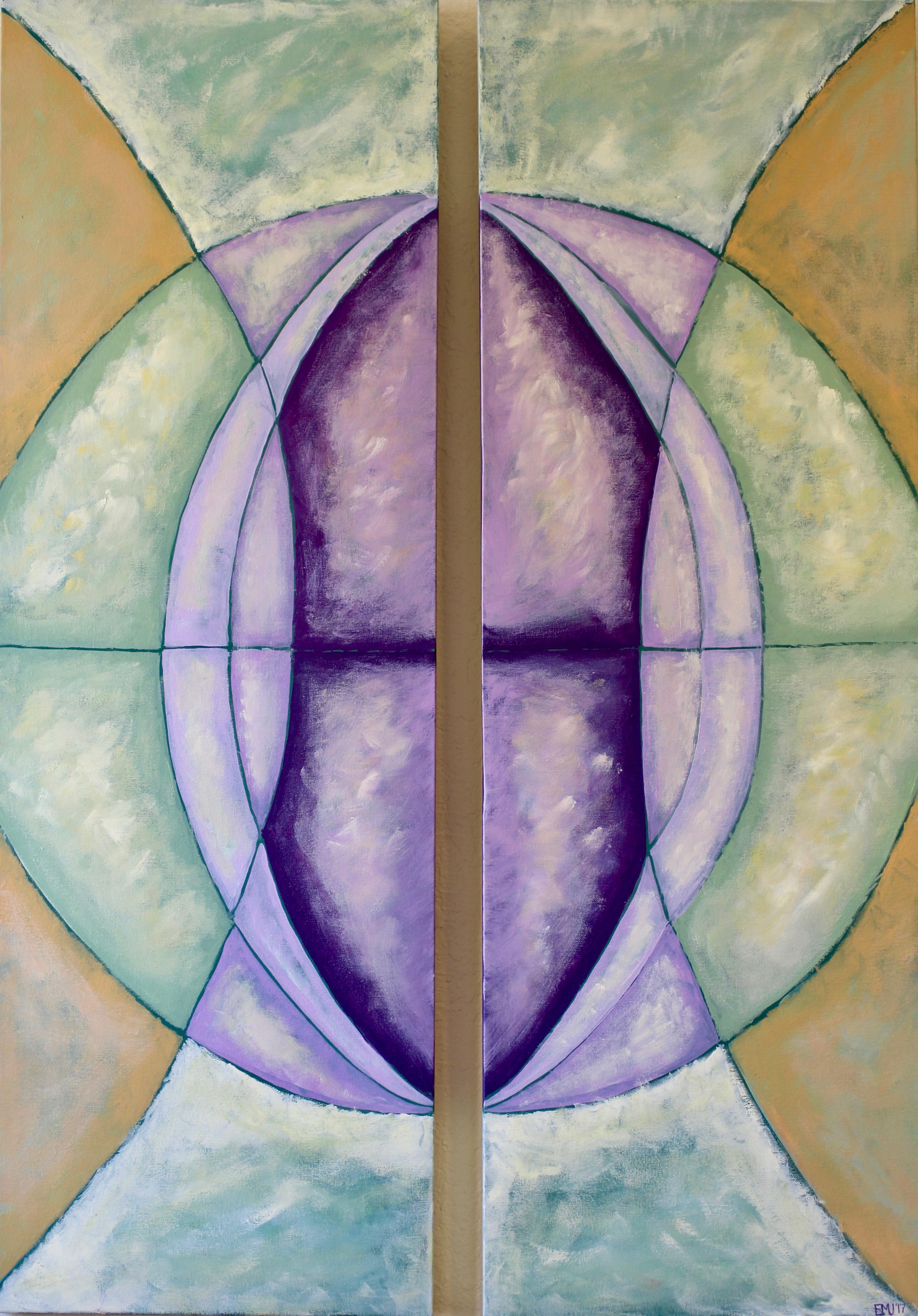 Emily May Landscape Painting - Salvia, Sage & Mustard - Contemporary Geometric Abstract Painting (Purple+Green)