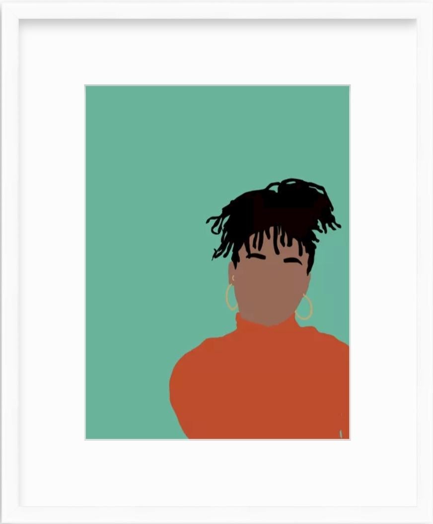 Samantha Viotty Portrait Print – Real - Digitale Illustration Schwarze/Braune Figur mit Zifferblättern in Teal + Orange Rahmen