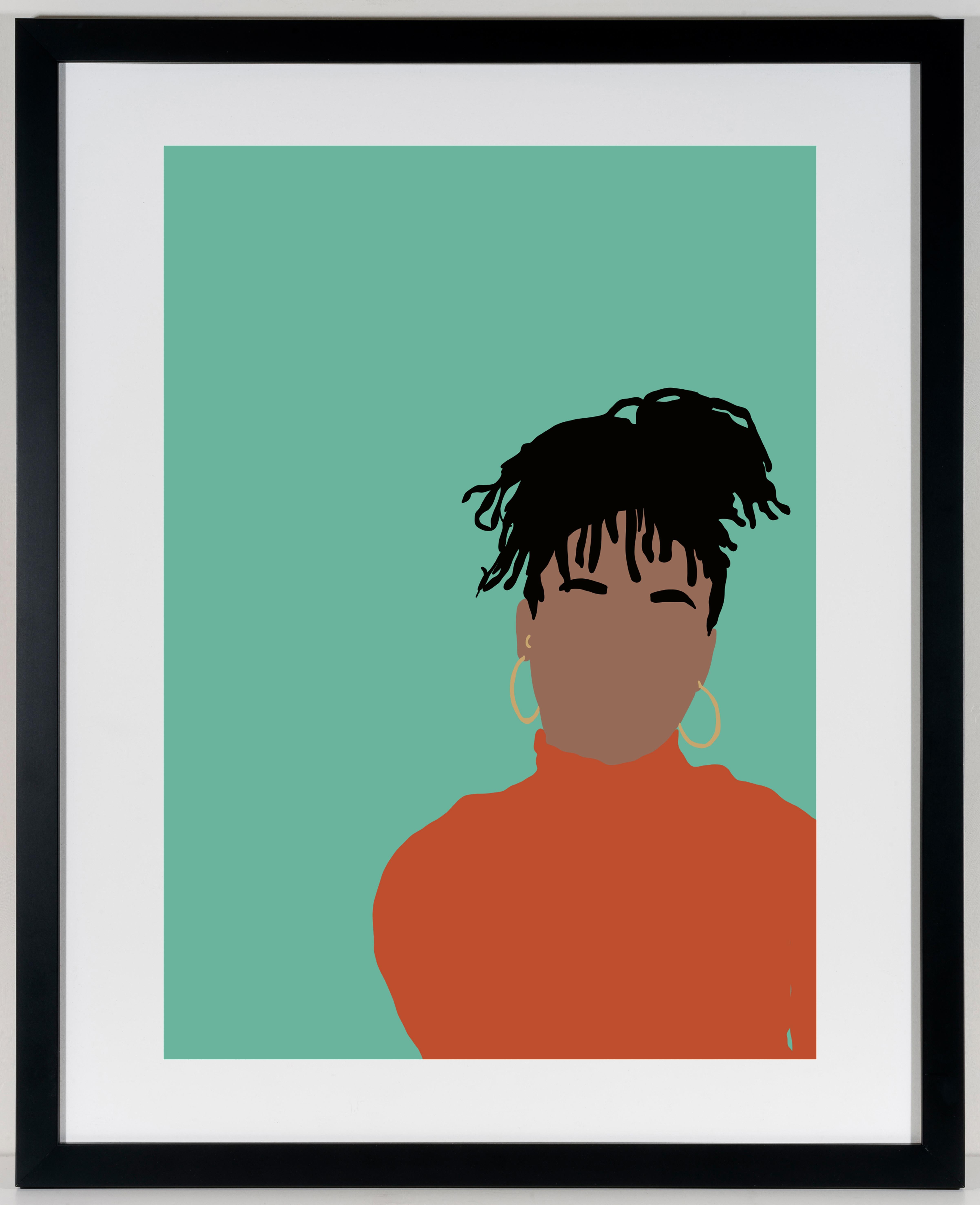 Real - Digitale Illustration Schwarze/Braune Figur mit Zifferblättern in Teal + Orange Rahmen – Print von Samantha Viotty